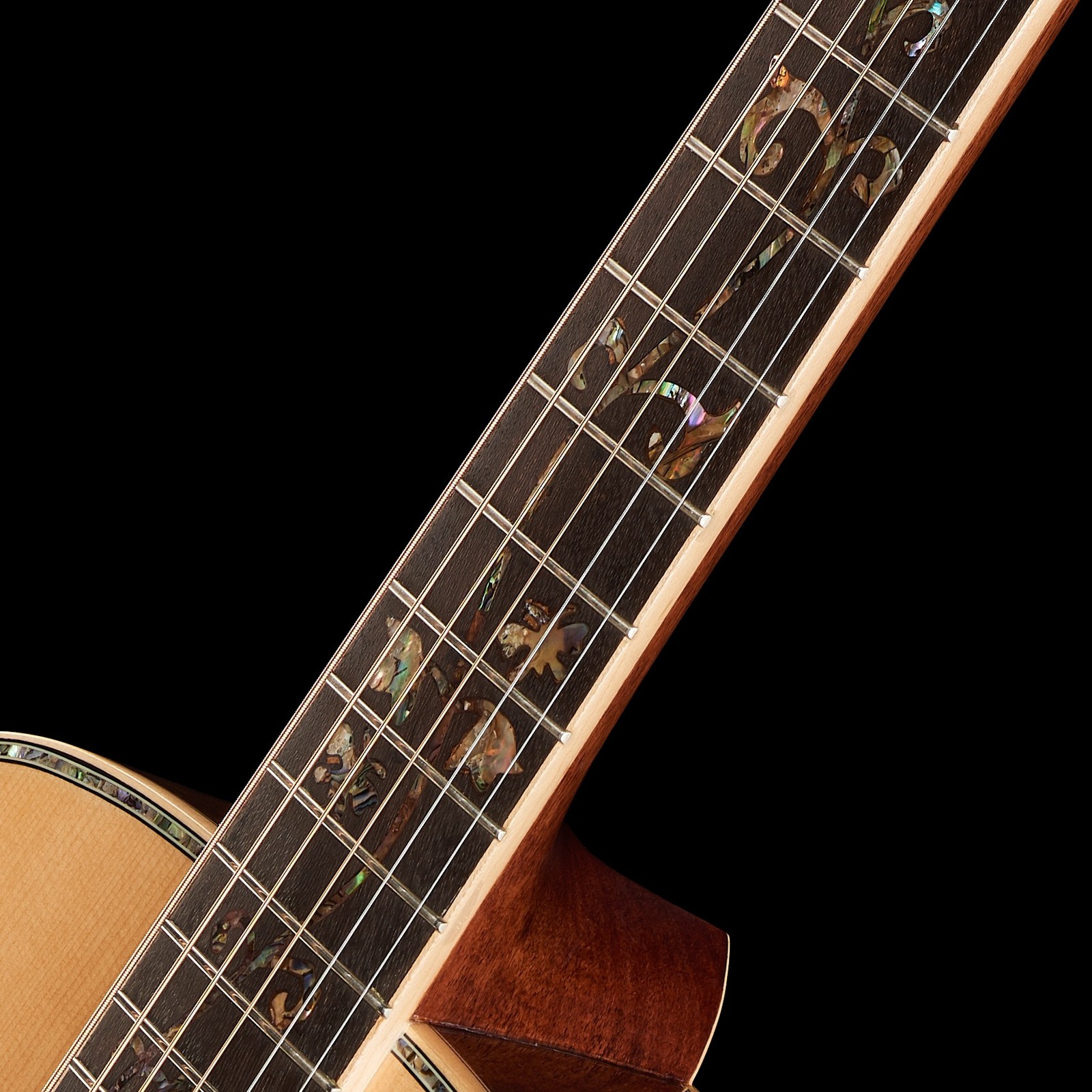 Reichhaltige Abalone Inlays auf dem Griffbrett der Harley Benton CLF-200 WN