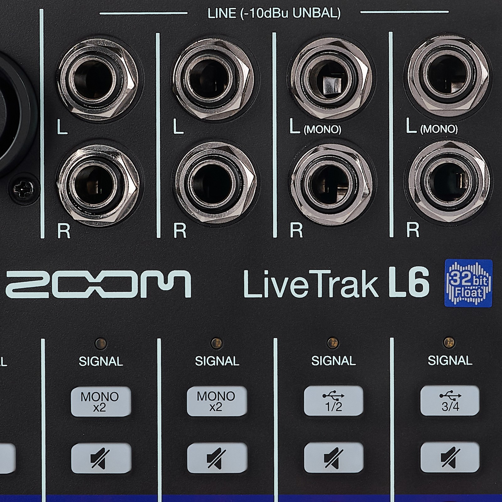 Zoom Logo am LiveTrak L-6 Digital Mixer, Multitrack Recorder und Audio Interface