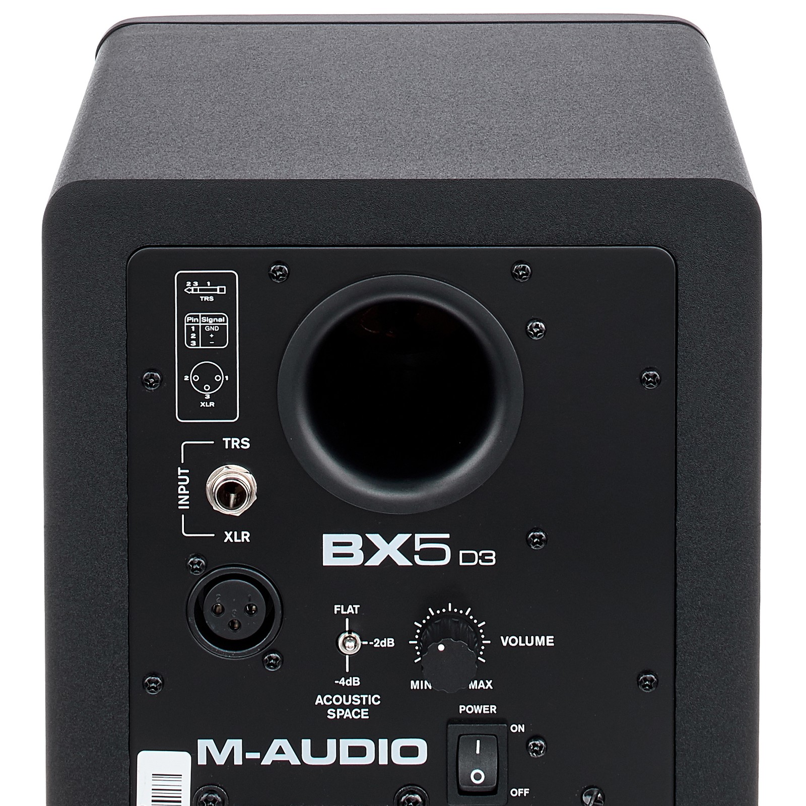 Rückseite mit Anschlüssen des aktiven M-Audio BX5 D3 2-Wege Nahfeld Referenz-Studiomonitor