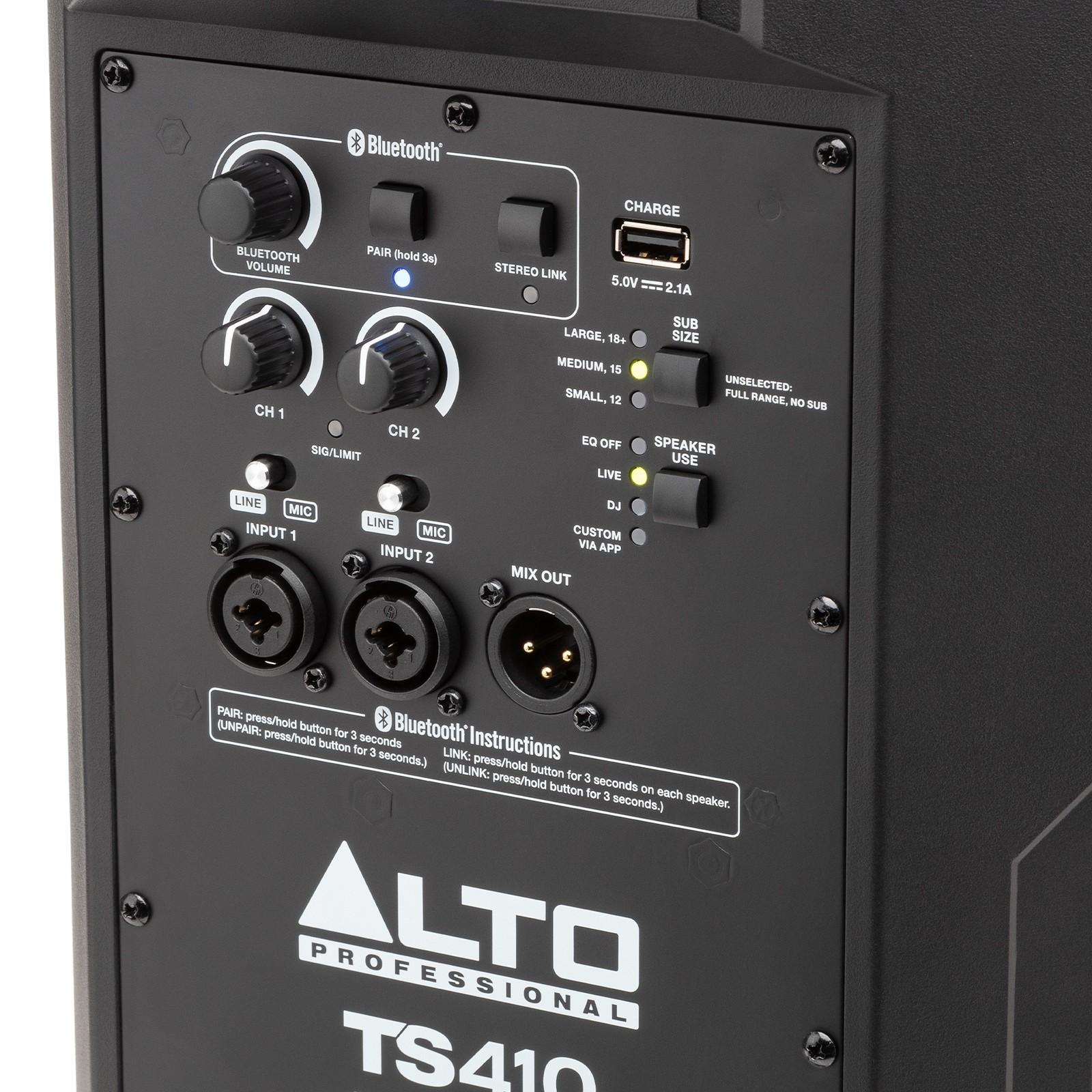 Regler und Anschlüsse auf der Rückseite des Alto TS 410