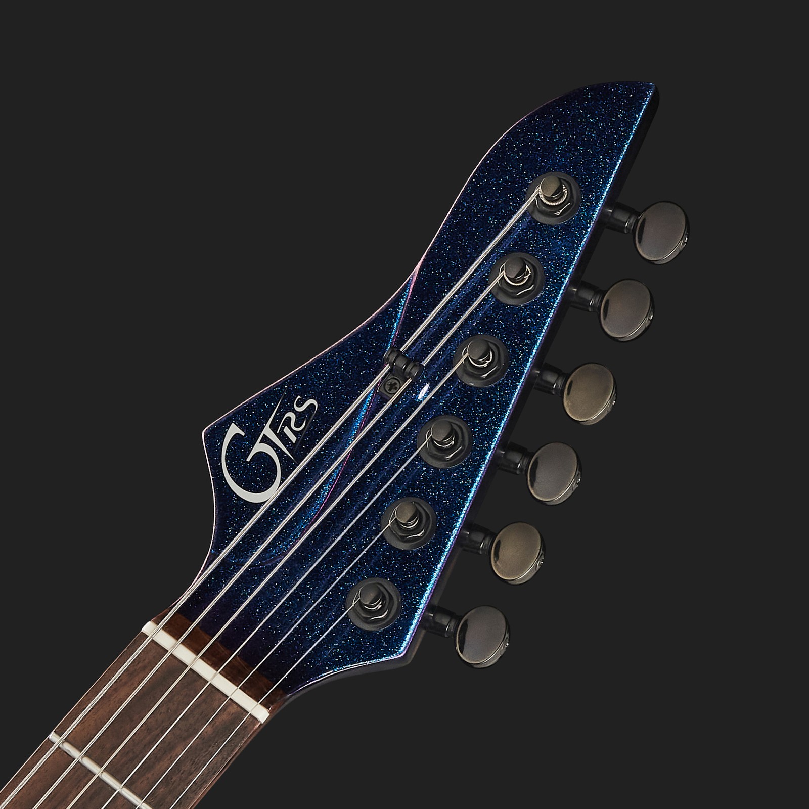 Headstock of the Mooer GTRS Guitars Modern 800 BLC electric guitar with built-in GTRS system