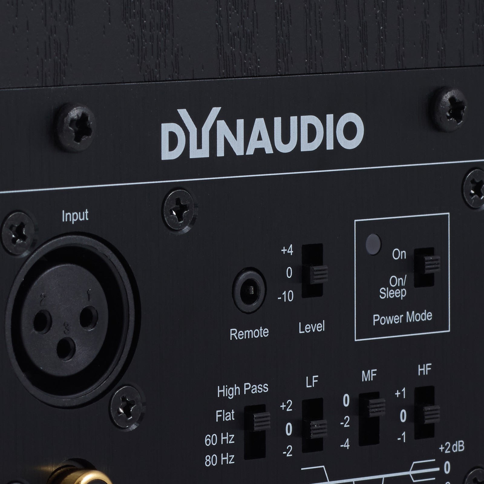 Logo, Anschlüsse und Regler auf der Rückseite des Dynaudio BM5 MKIII