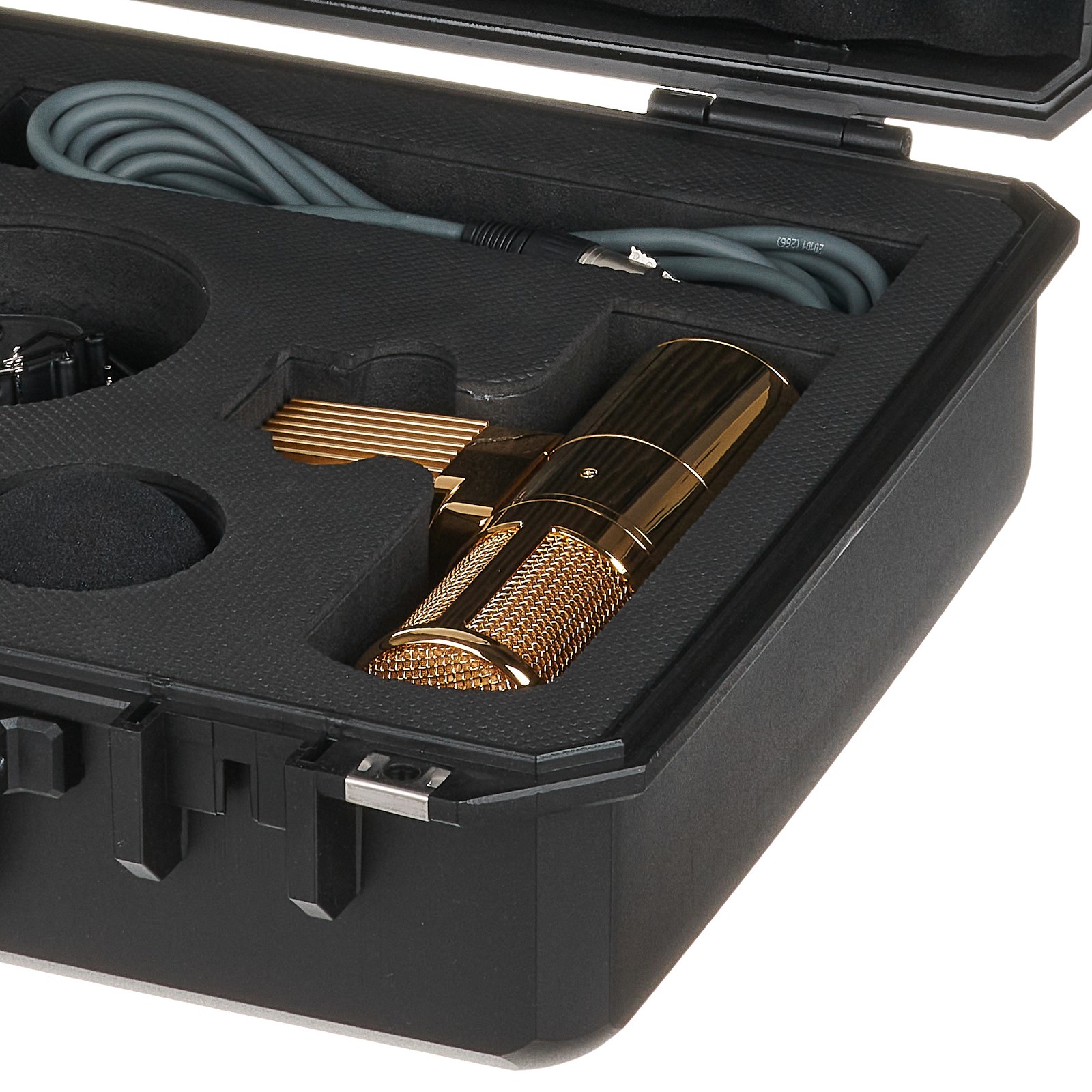 Goldenes Warm Audio WA-8000G Röhren-Großmembran-Kondensatormikrofon im Transportkoffer mit weiterem Zubehör