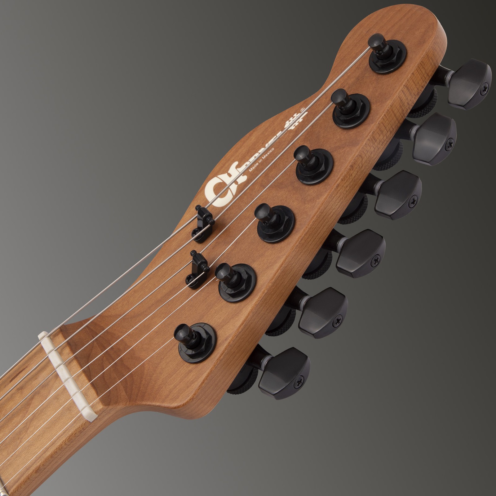 Schwarze Locking Mechaniken an der Reversed Kopfplatte der Charvel