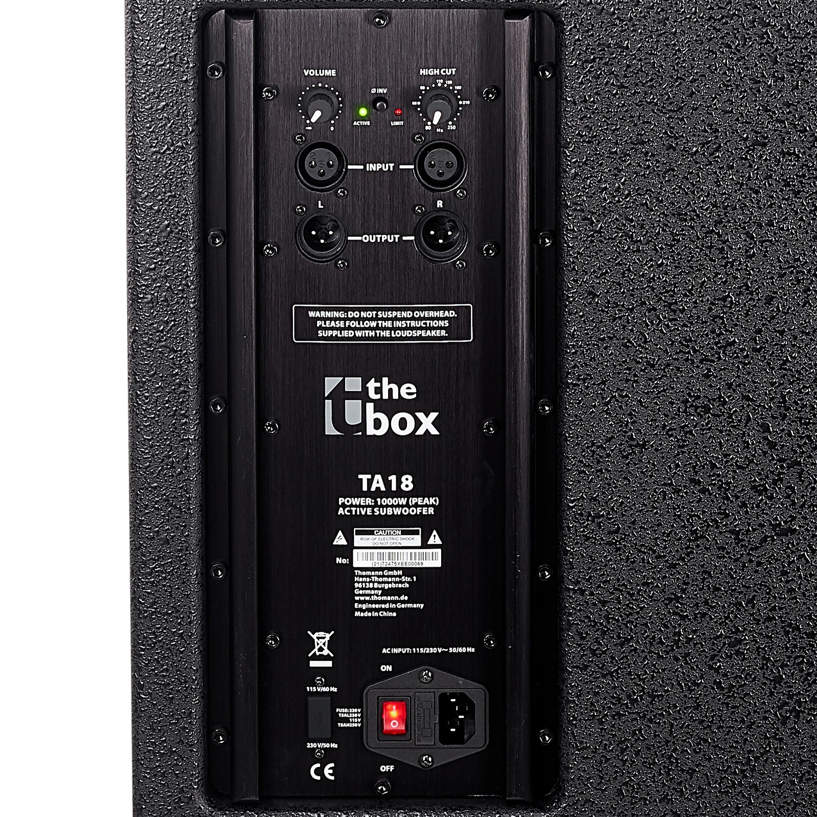 Anschlüsse und Regler am the box TA18 Aktiver 18" Bandpass Subwoofer