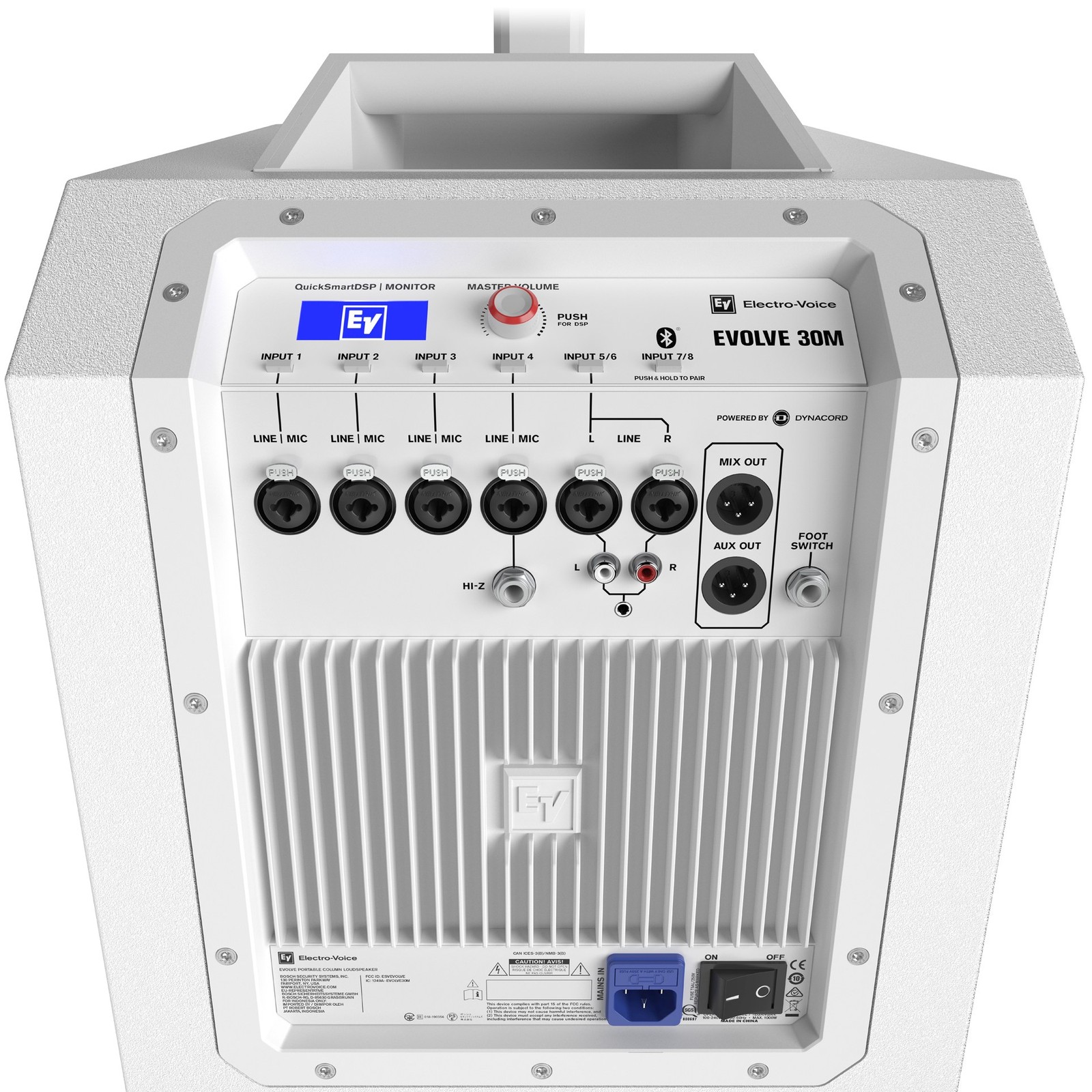 Interfaz de usuario del EV Evolve 30M White Sistema de altavoces de columna con funciones DSP y Bluetooth-Streaming