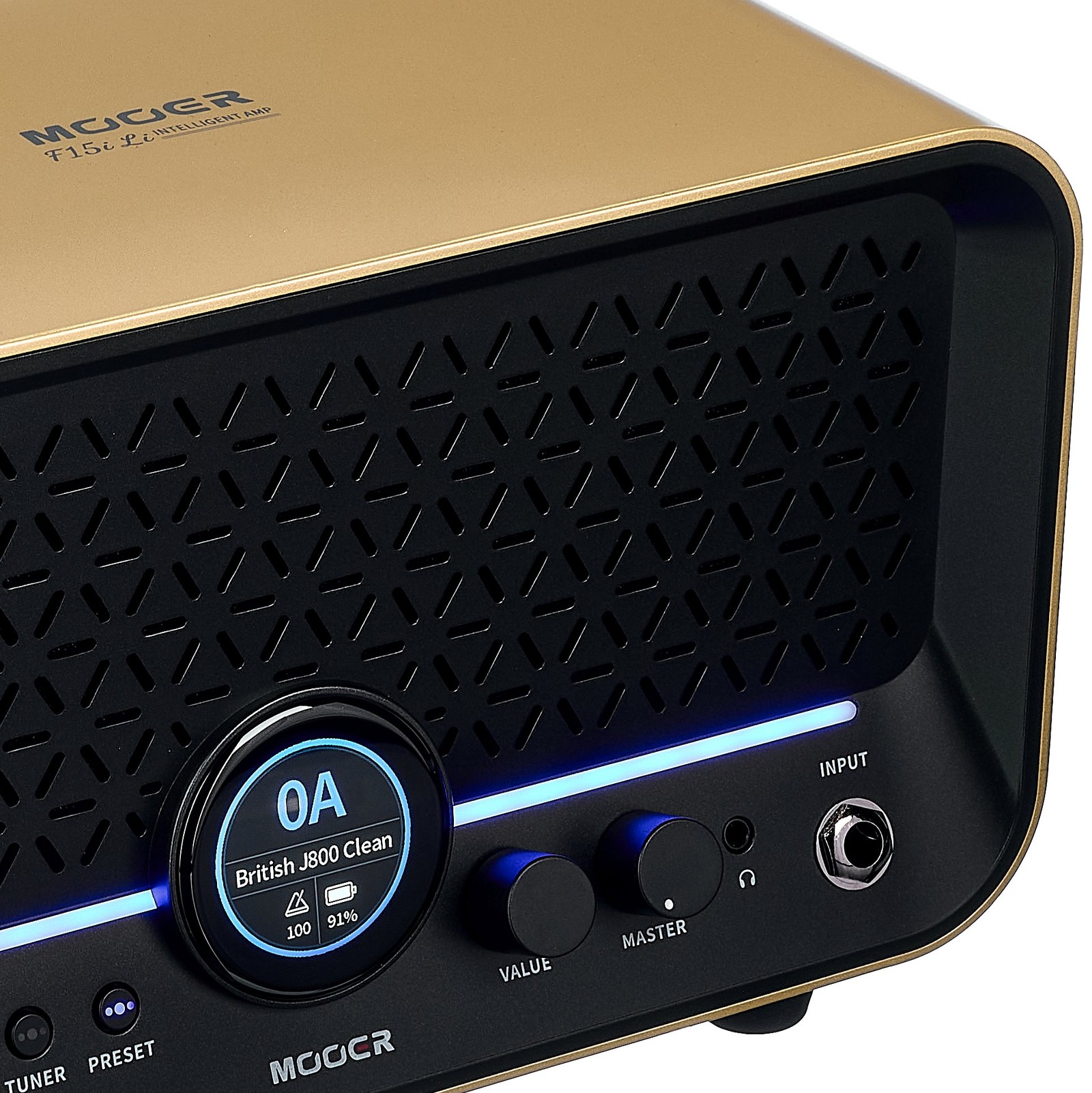 Frontgrill und Regler des Mooer F15i Li Modeling Guitar IG 