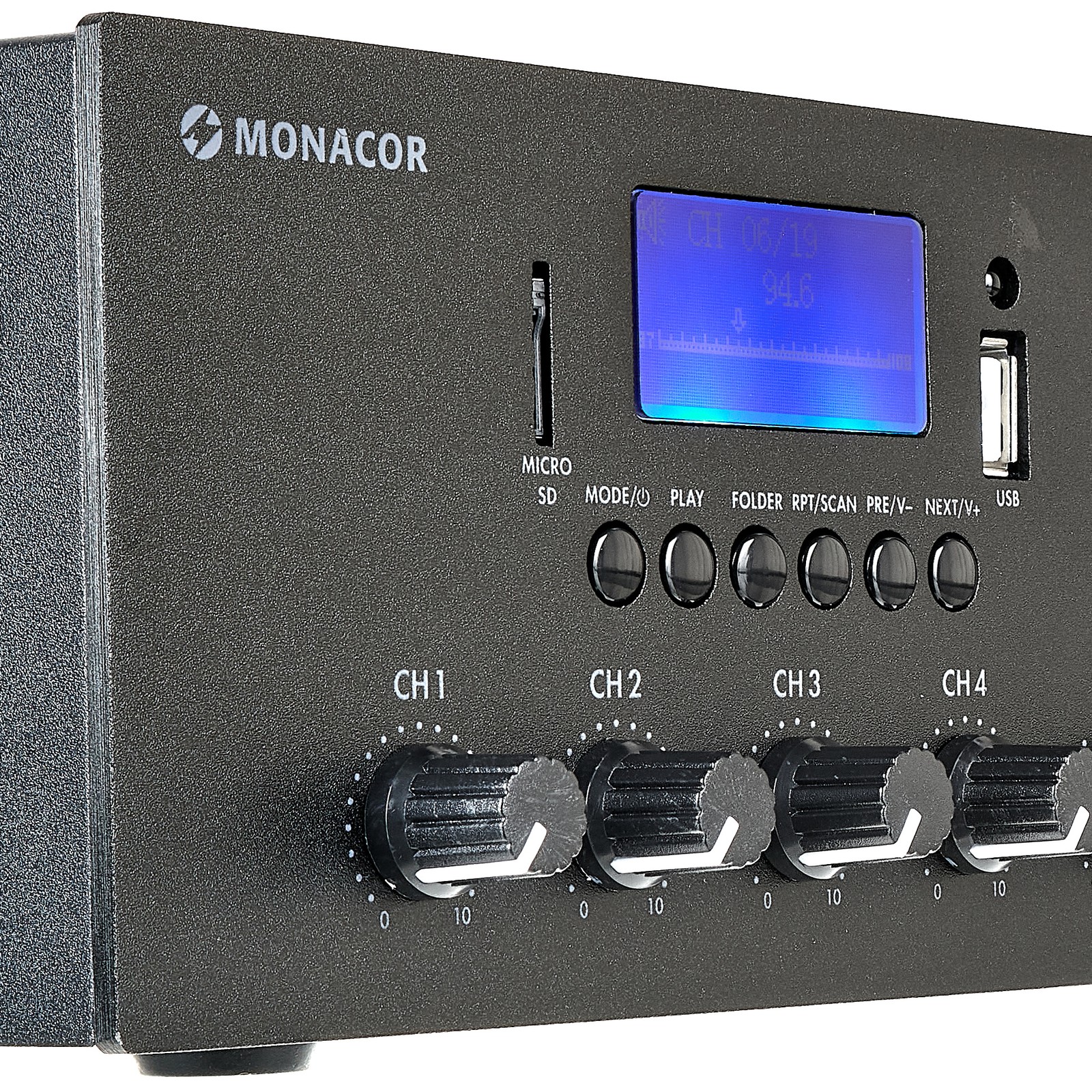 Gehäusevorderseite des Monacor PA-812DAP ELA-Verstärkers