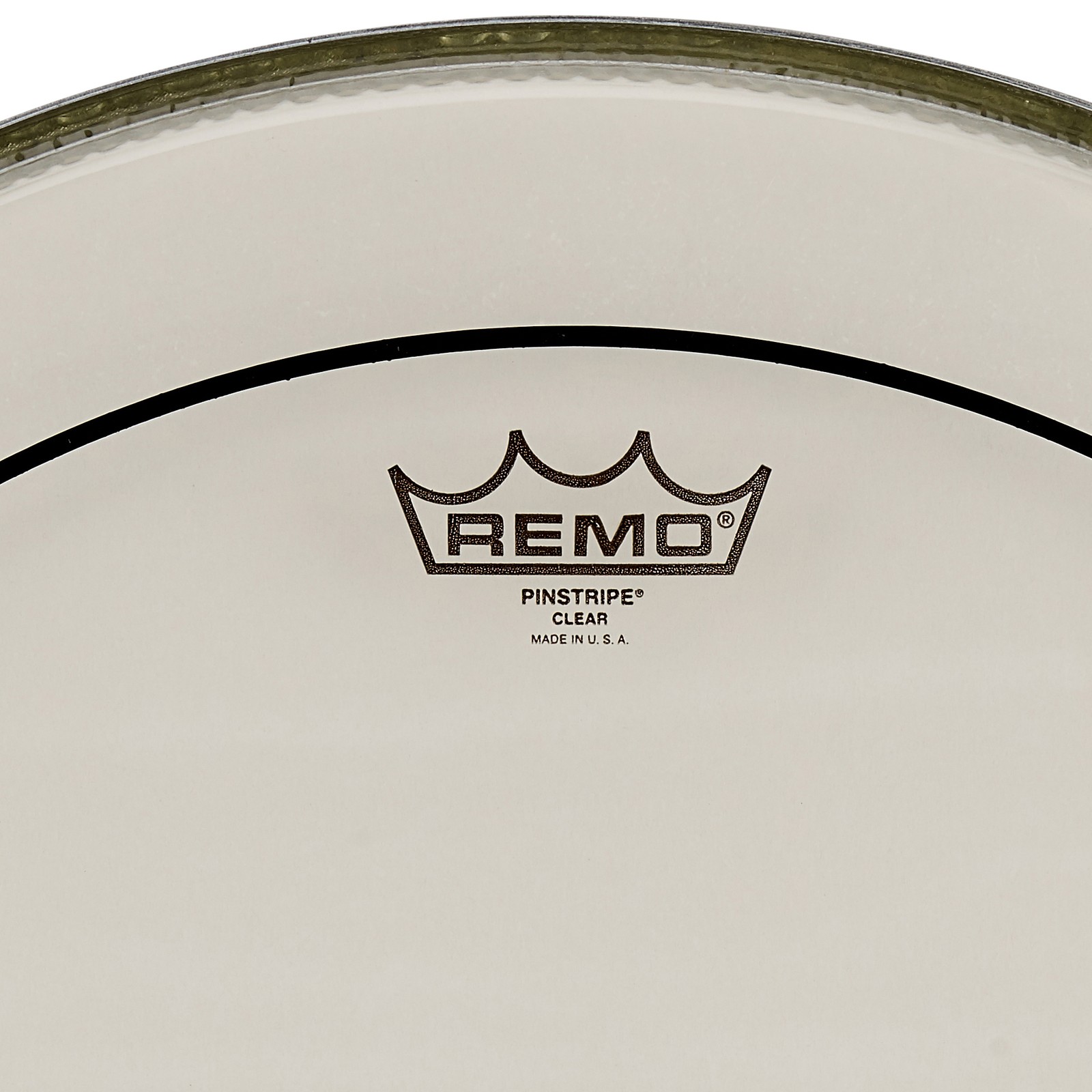 Herstellerlogo auf dem Remo 20" Pinstripe Bass Drum Fell transparent