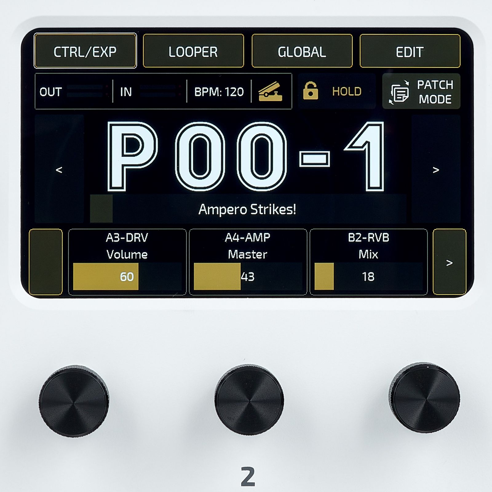 Touchscreen Bildschirm des Hotone Ampero II Stomp