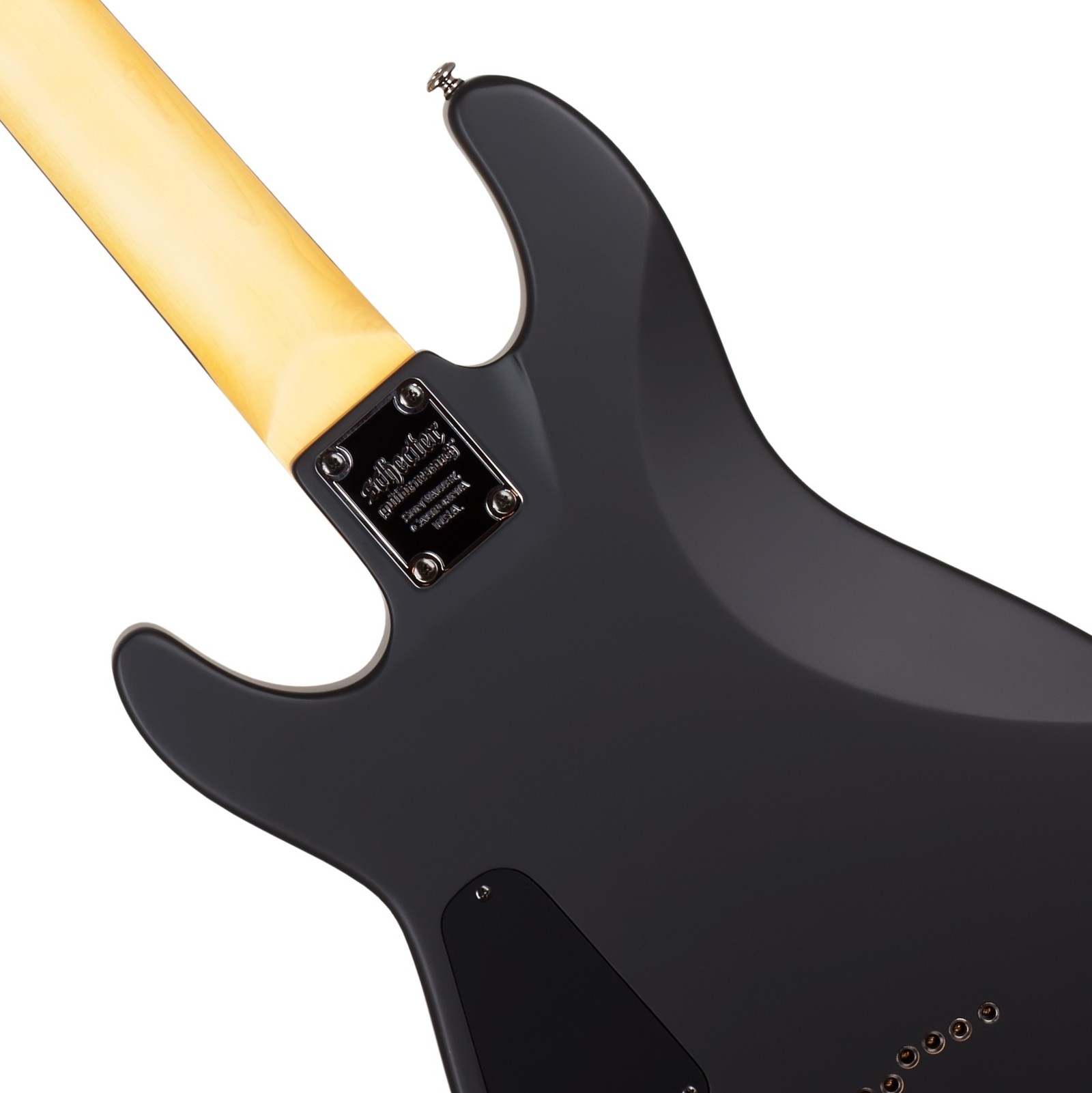 Schecter Demon-7 Satin Black von hinten mit geschraubtem Hals