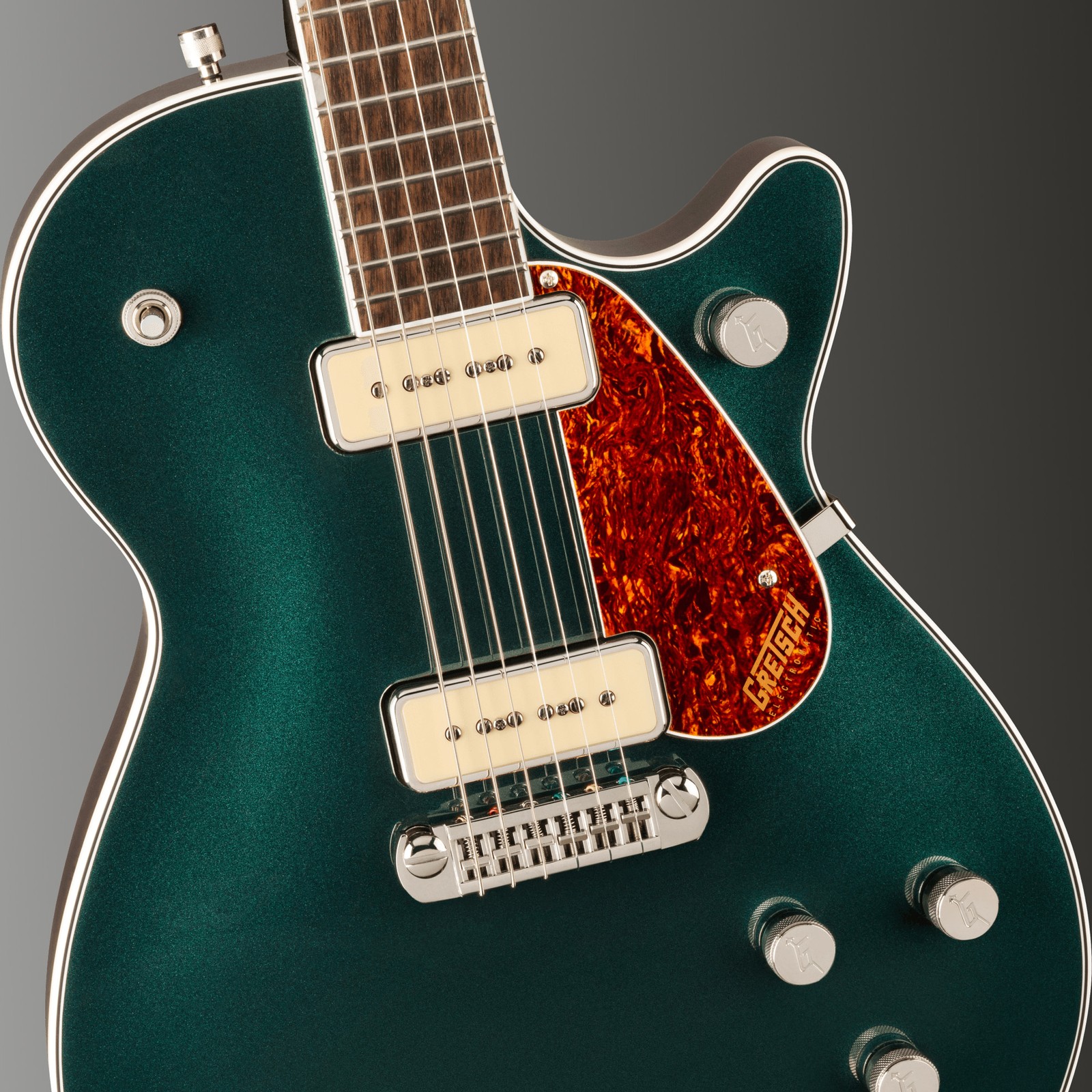 Zwei P90 Tonabnehmer auf der Gretsch G5210-P90 Electromatic Jet Cadillac Green