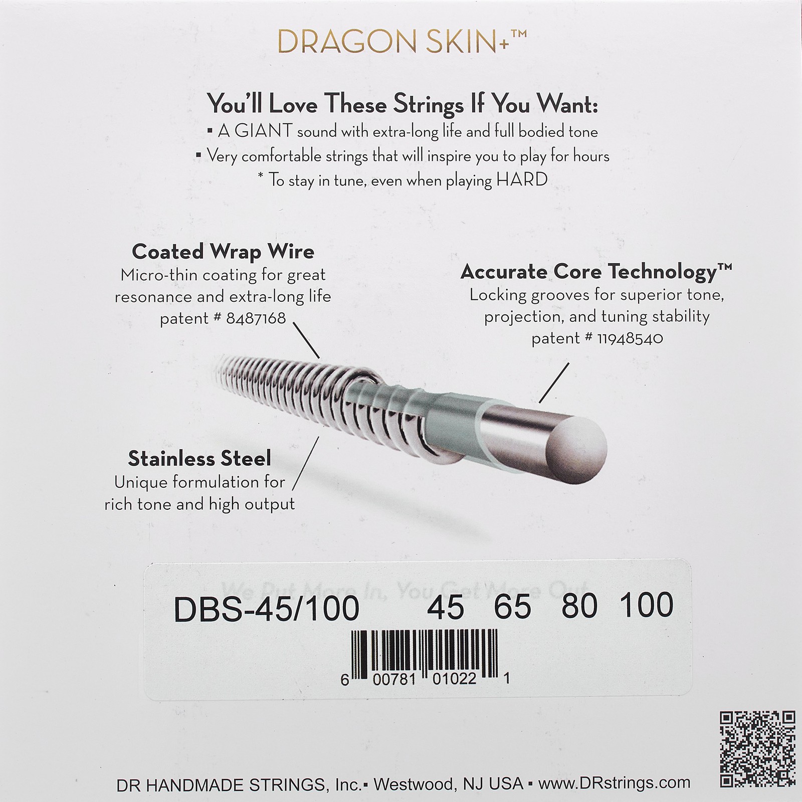 DR Strings Dragon Skin+ DBS-45/100 Coated, Verpackung Rückseite