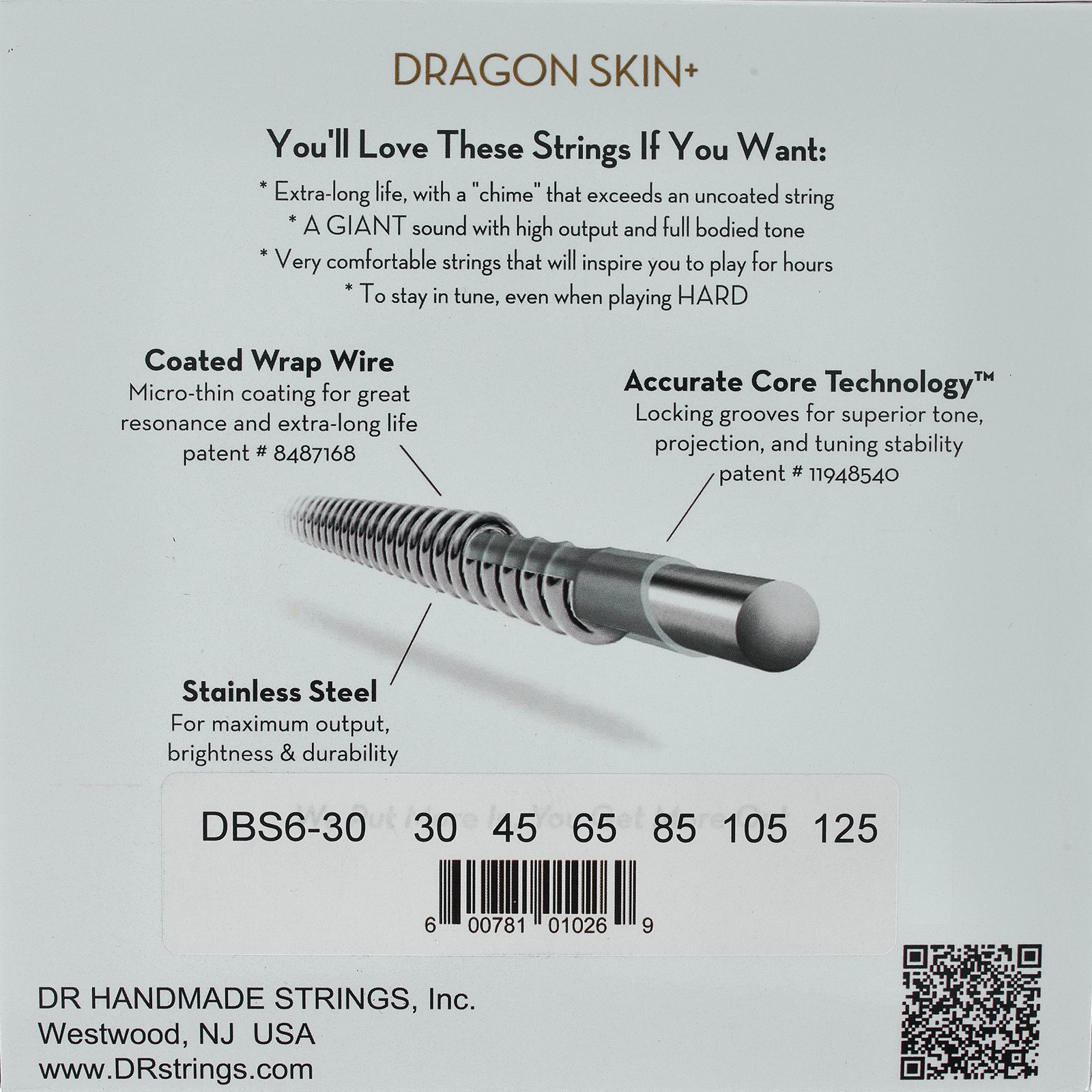 DR Strings Dragon Skin+ DBS6-30 Coated, Verpackung Rückseite
