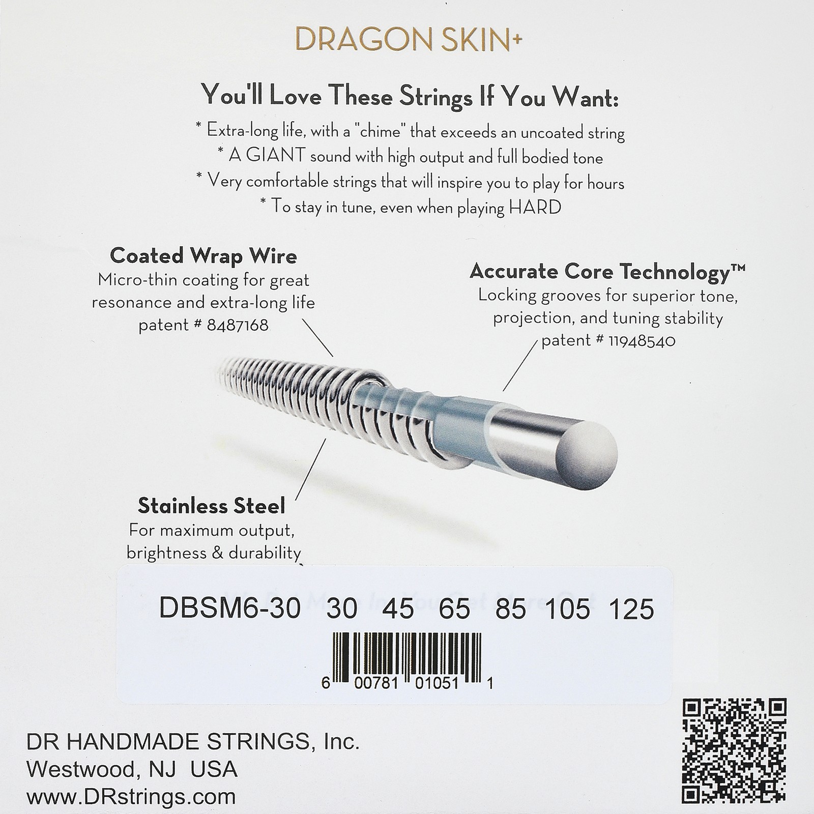 DR Strings Dragon Skin+ DBSM6-30 Coated, Rückseite Verpackung
