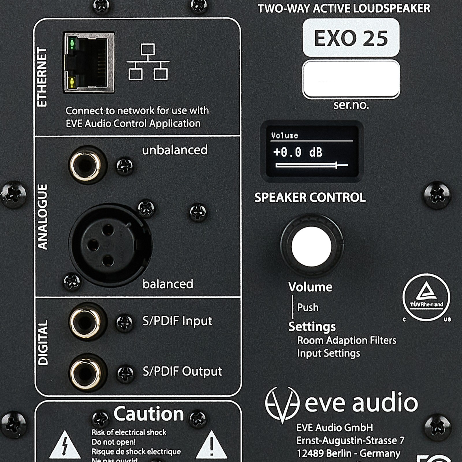 Rückseite des EVE Audio EXO 25 Aktivmonitors mit Bedienelementen