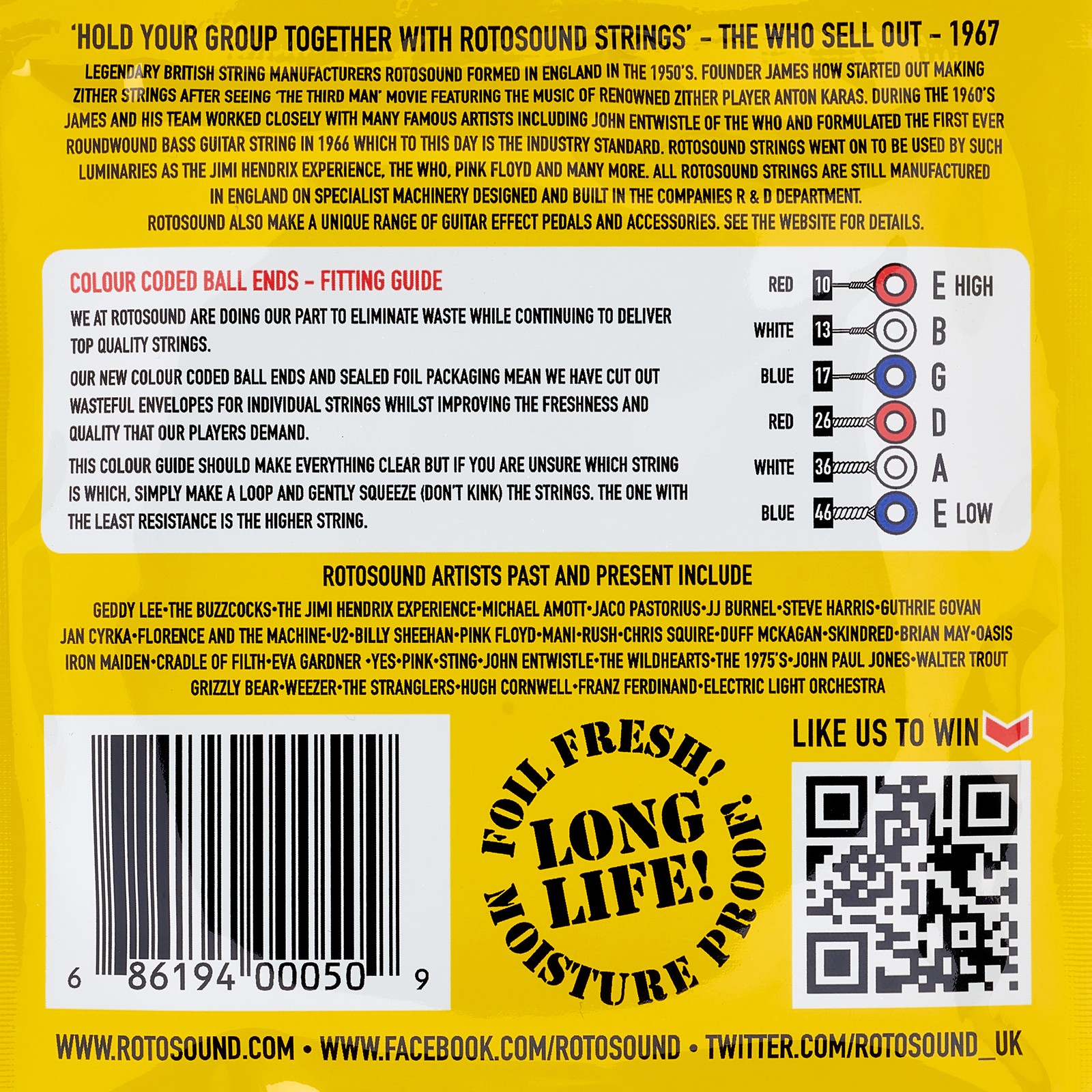 Saitensatz für E-Gitarre, Rückseite der Verpackung