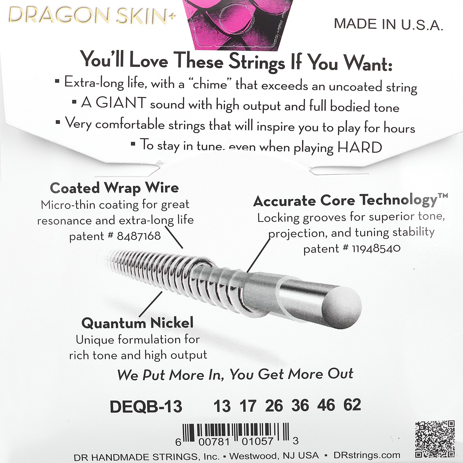 DR Strings Dragon Skin+ DEQB-13/62 Coated, Rückseite Verpackung