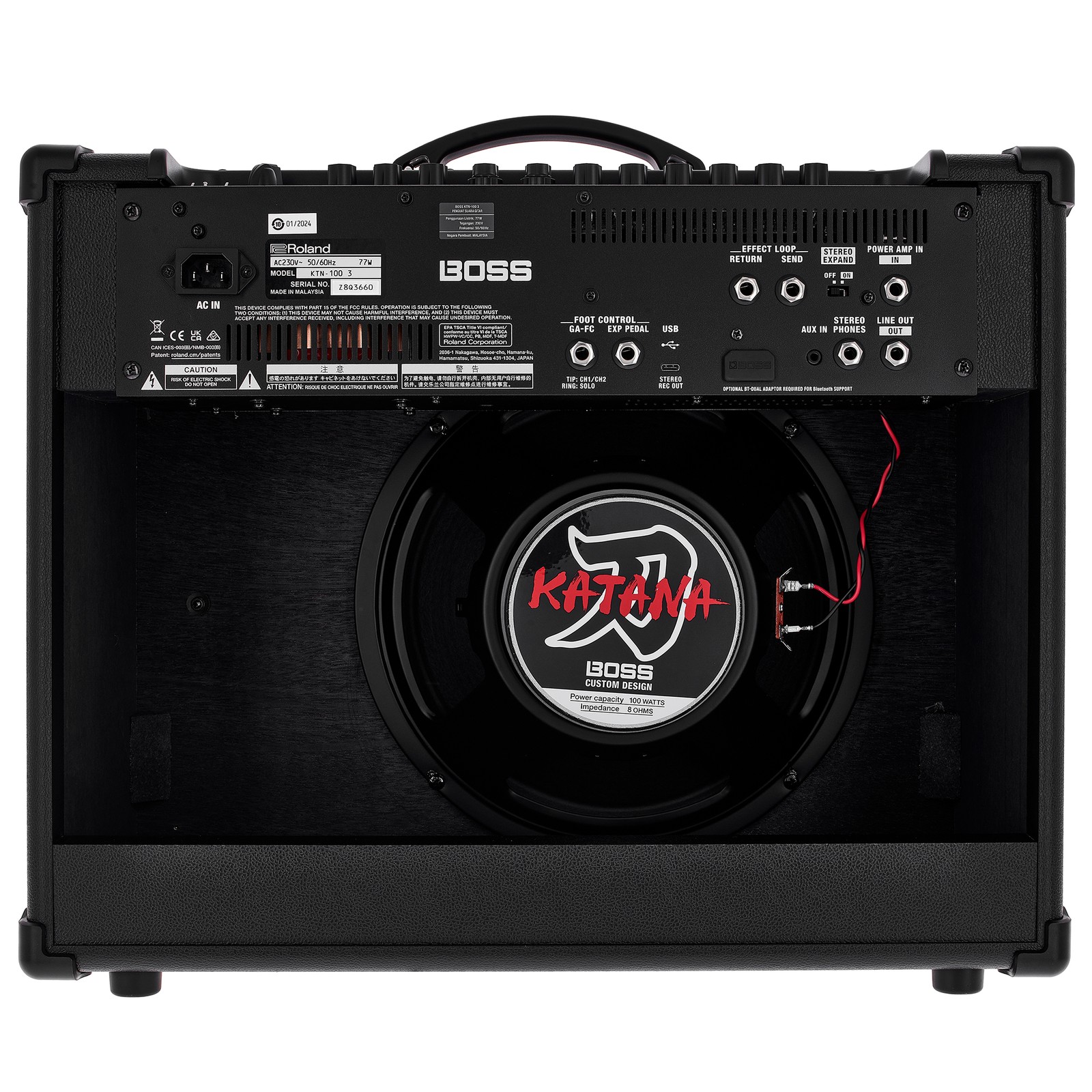 Boss Katana 100 Gen 3, electric guitar combo amp, rear view