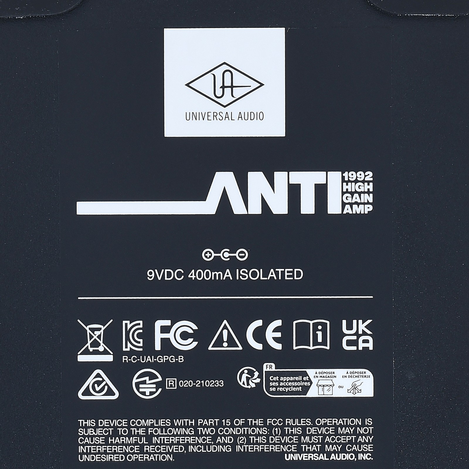 Logo auf Universal Audio UAFX ANTI 1992 High Gain Amp