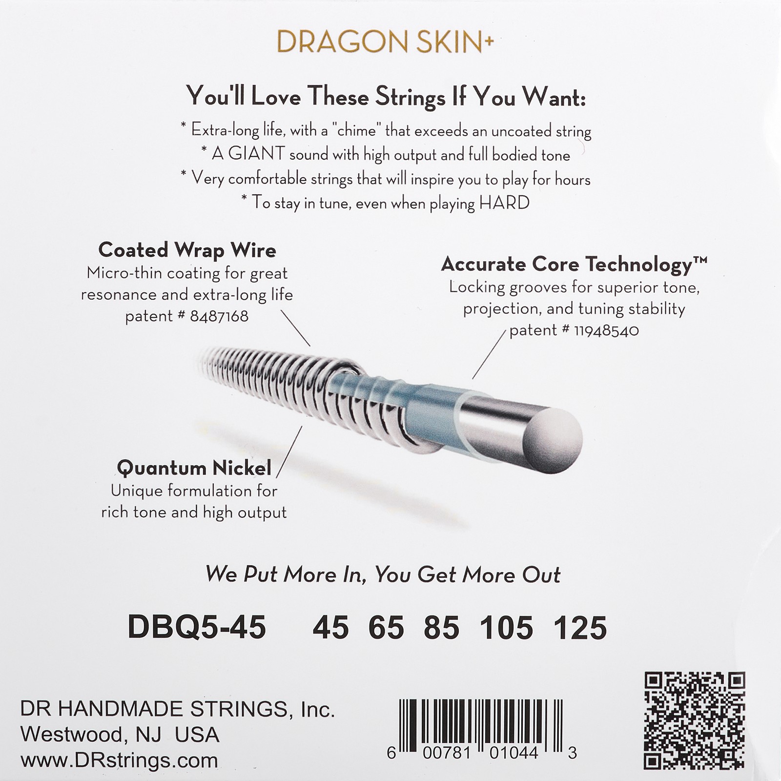 DR Strings Dragon Skin+ DBQ5-45 Coated, Verpackung Rückseite
