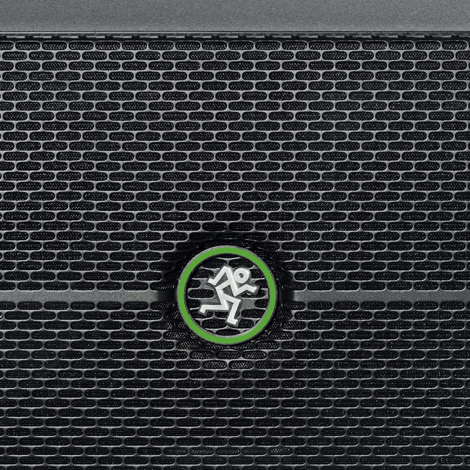 Manufacturer's logo on the Mackie Thump Sub GO, compact portable wireless subwoofer