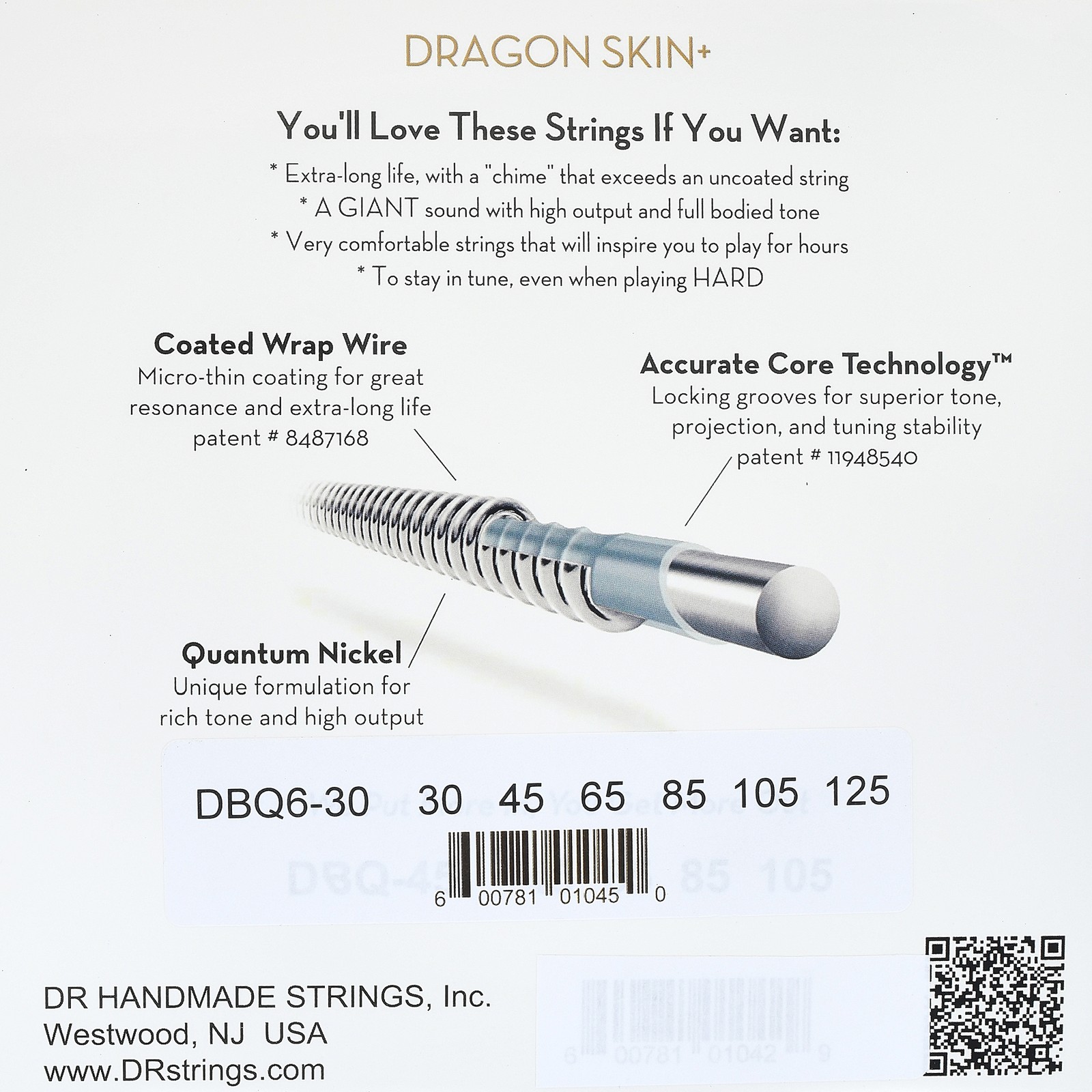 DR Strings Dragon Skin+ DBQ6-30 Coated, Verpackung Rückseite