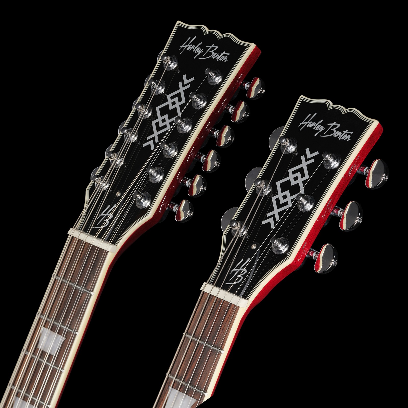Kopfplatten der Harley Benton DC-Custom II 612 Cherry Doppelhalsgitarre