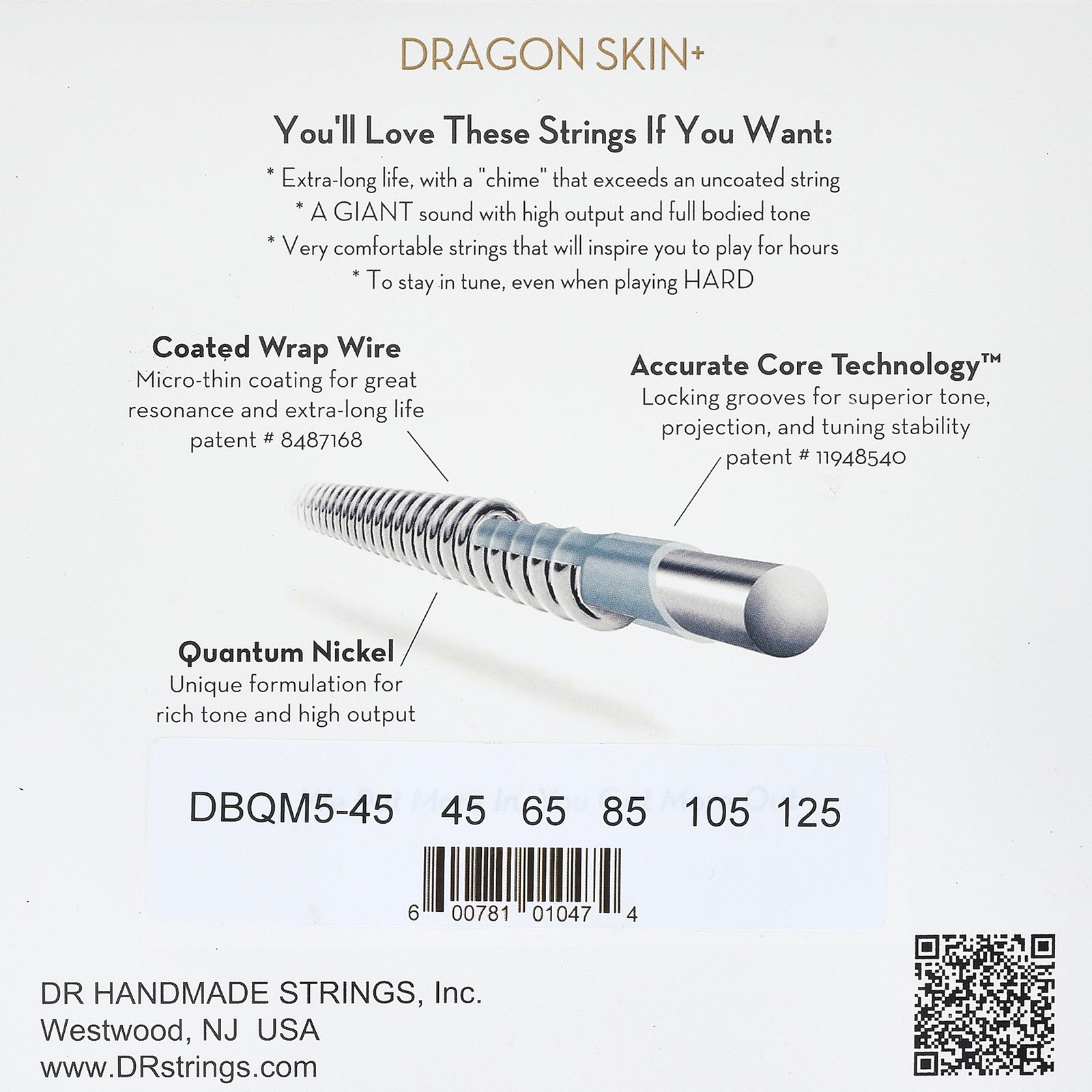 DR Strings Dragon Skin+ DBQM5-45 Coated, Verpackung Rückseite