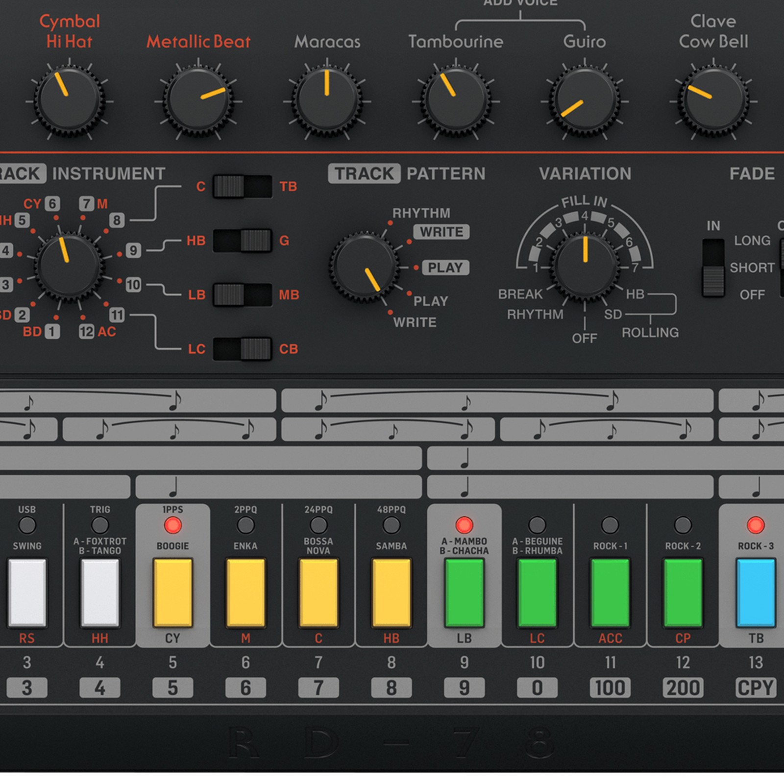Detail des analogen Drumcomputers, Behringer RD-78