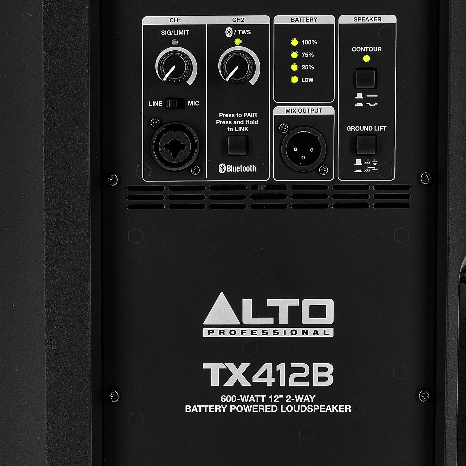 Rückseite des Alto TX 412B, Detail des Batteriebetriebener 2-Wege Fullrange Lautsprechers