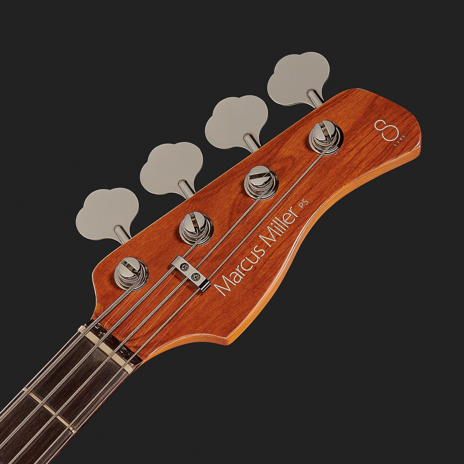 Kopfplatte mit vier großen Bass Mechaniken und Griffbrett mit Dot Inlays