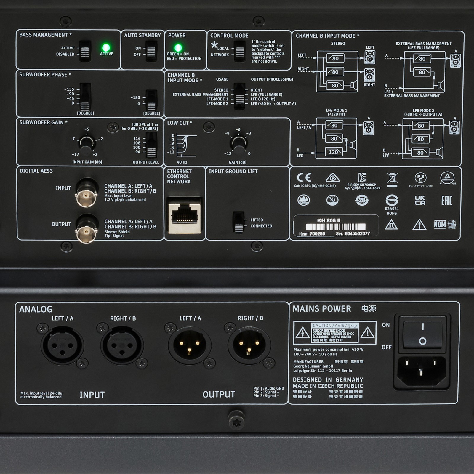 Anschlüsse an der Rückseite des Neumann KH 805 II Subwoofers