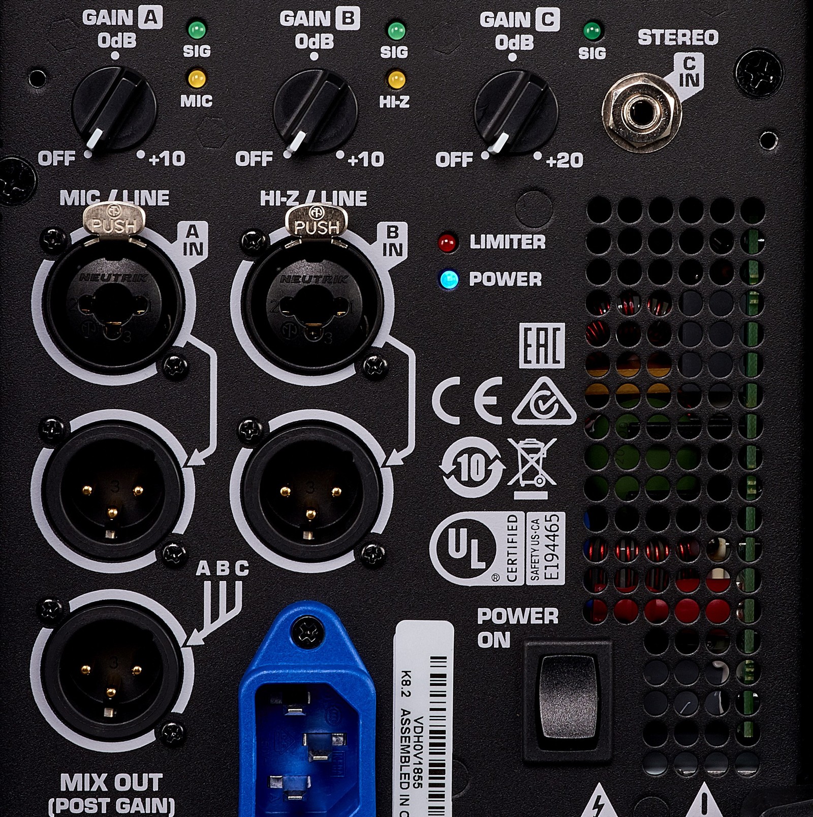 Anschlüsse des QSC K 8.2 2-Wege Fullrange-Aktivlautsprechers