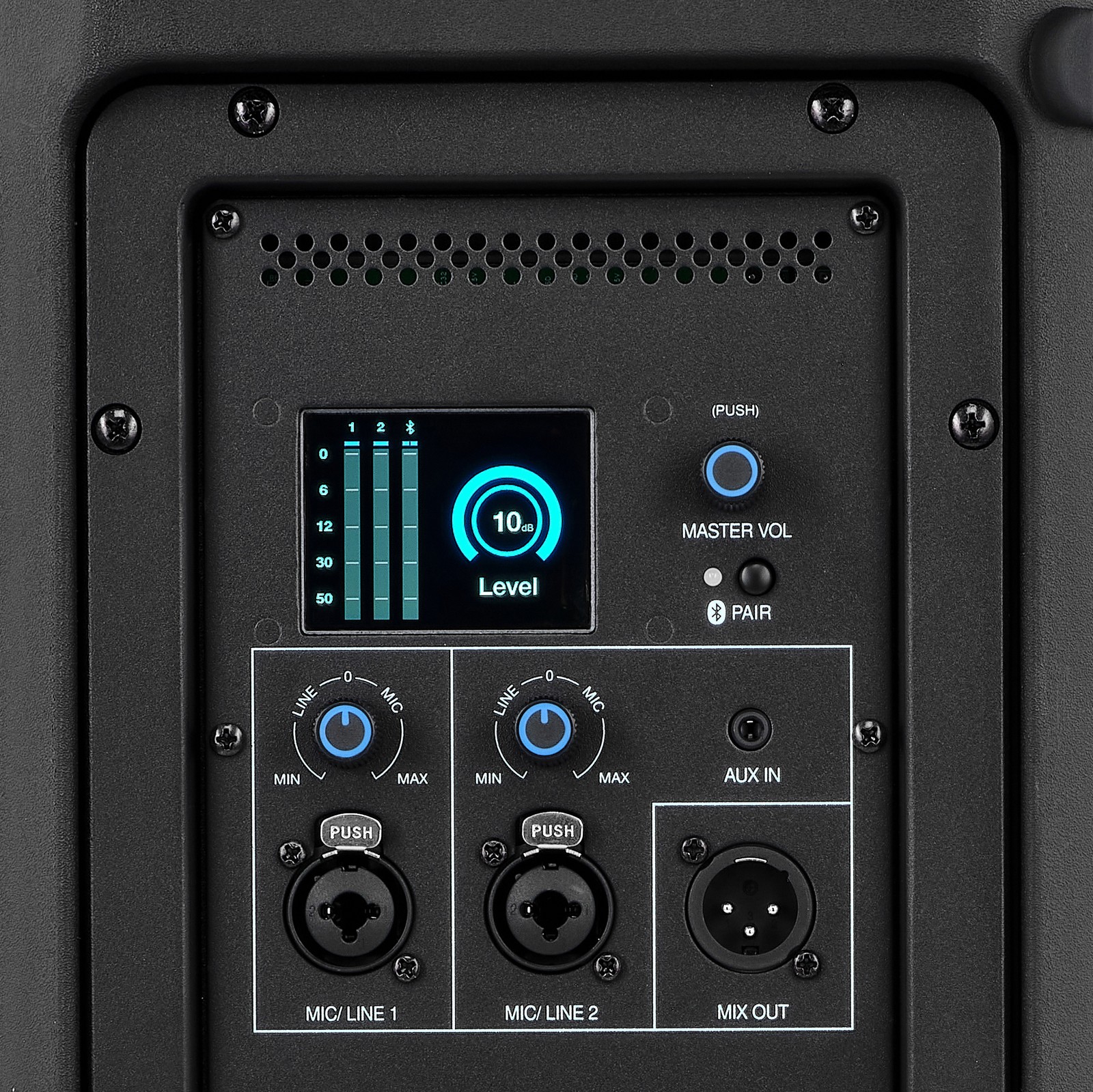 Rückseite des Presonus Air XD 12 mit Anschlüssen und Bedienelementen