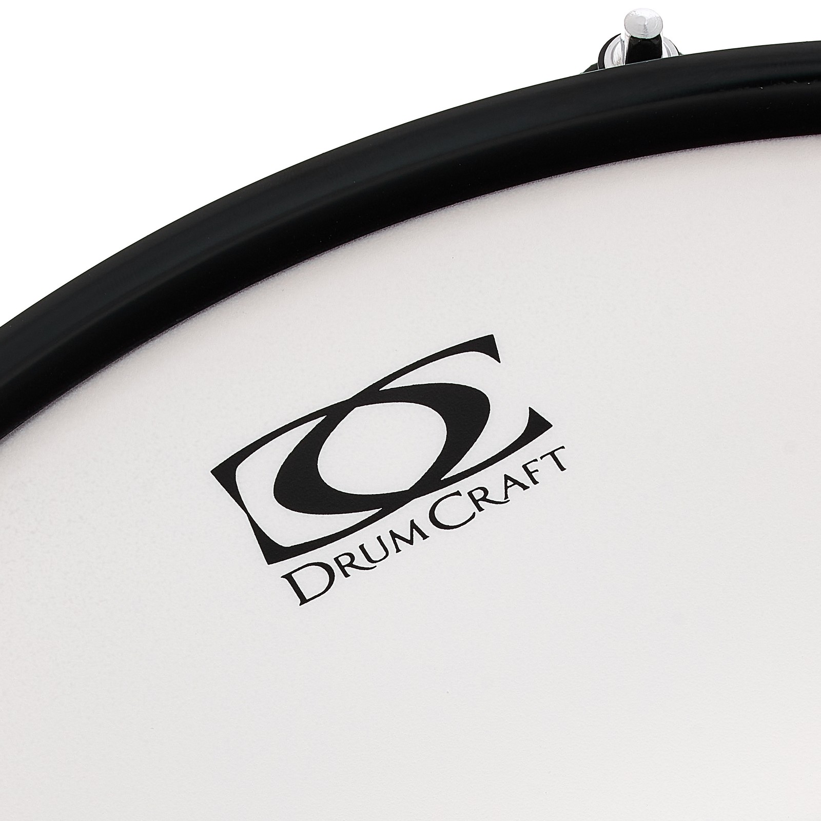 Weißes Coated-Snarefell mit DrumCraft-Logo