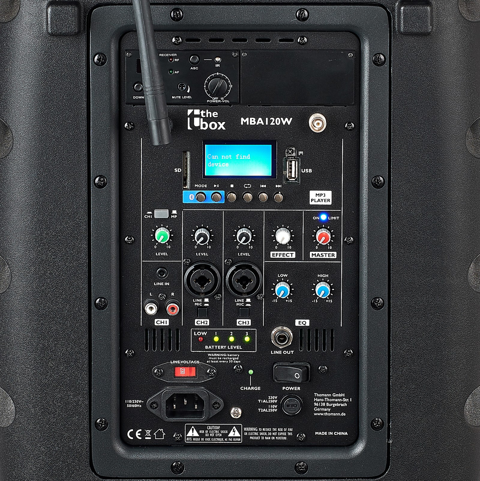 Anschlüsse und Regler auf der Rückseite des the box MBA120W MKII HTHT