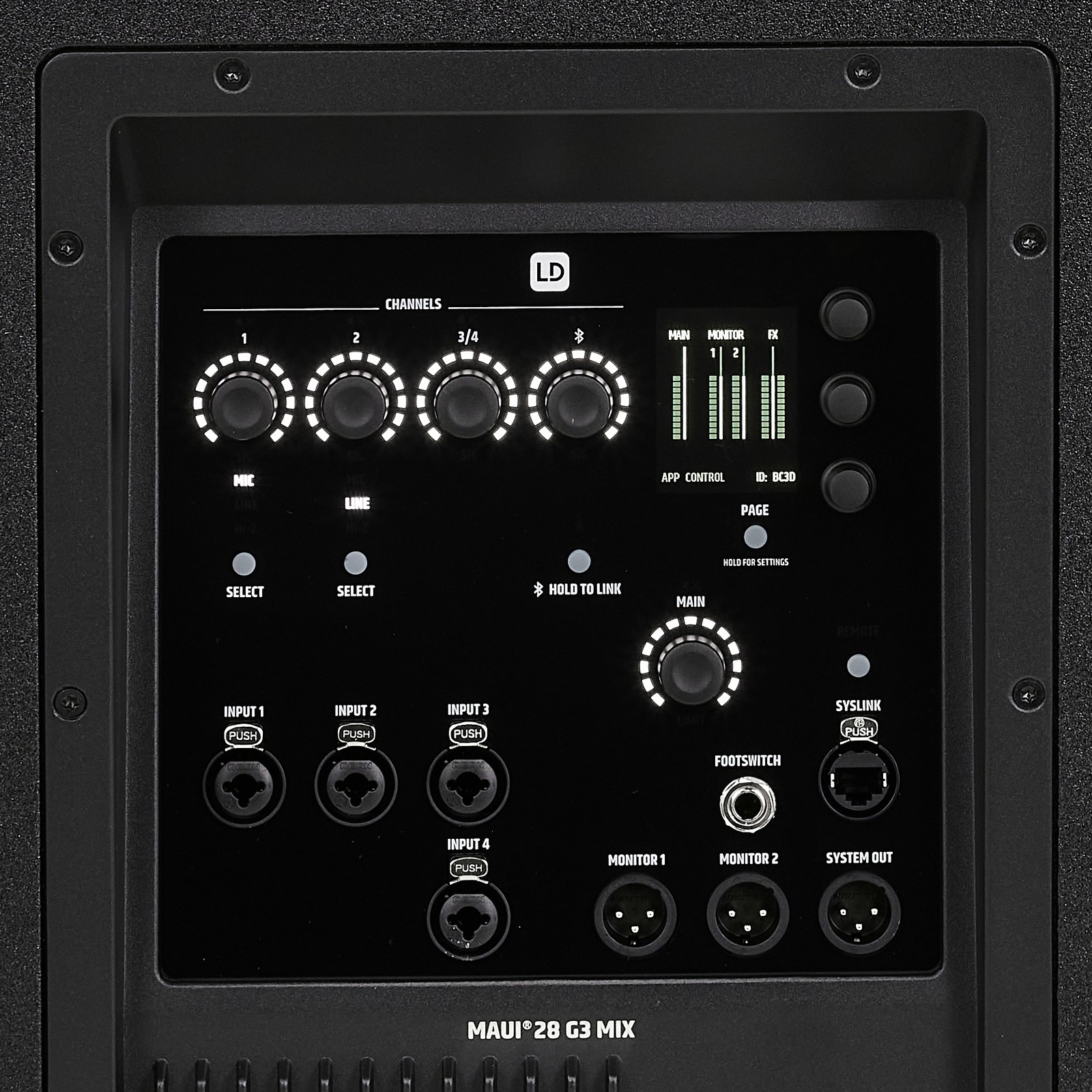 Anschlüsse und Regler auf der Rückseite des LD Systems Maui 28 G3 MIX