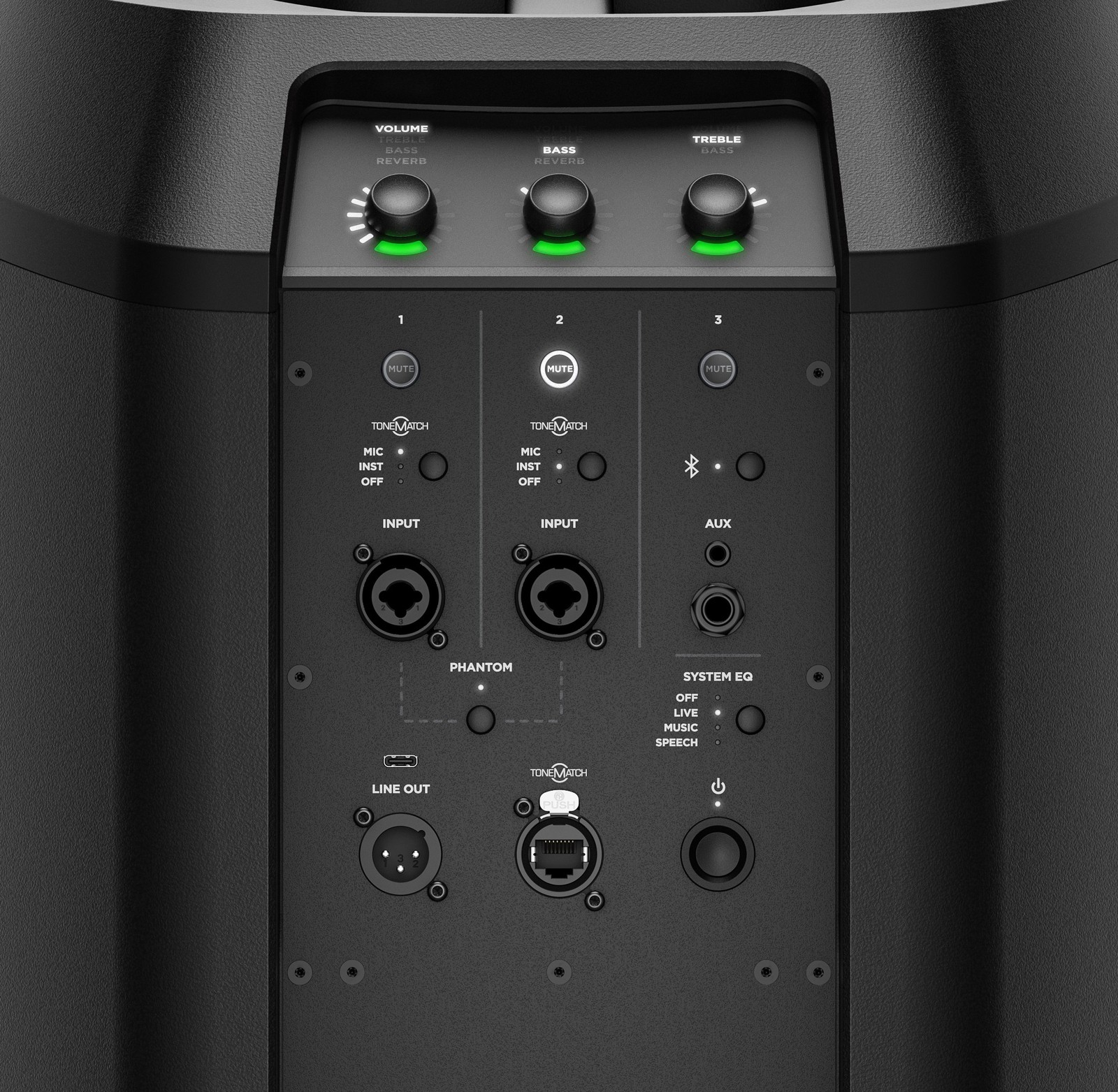 Controls and connections on the Bose L1 Pro16 Portable Line Array System with Bluetooth