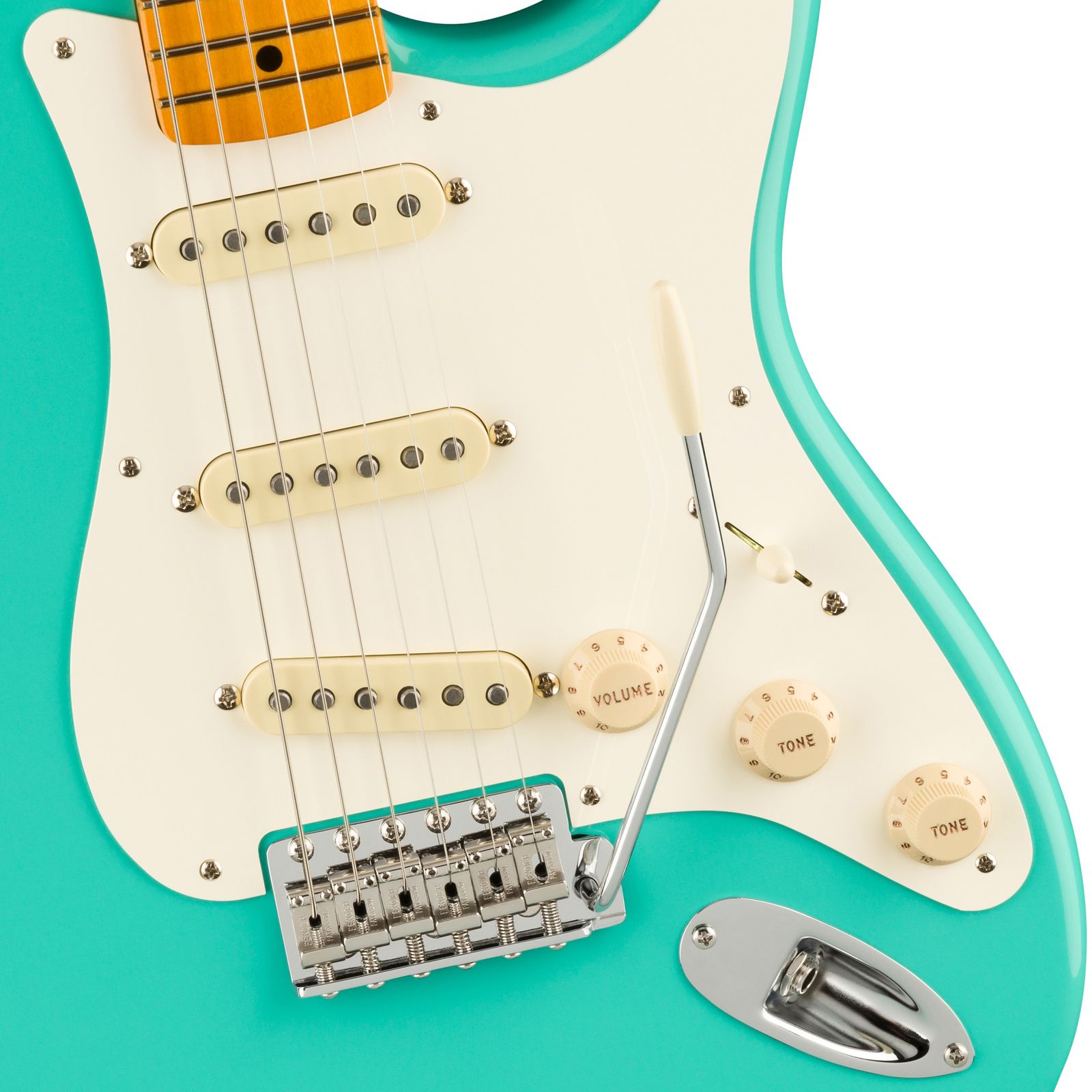 Fender E-Gitarre Stratocaster American Vintage II Sea Foam Green Nahaufnahme Schlagbrett Tonabnehmer Tremolo