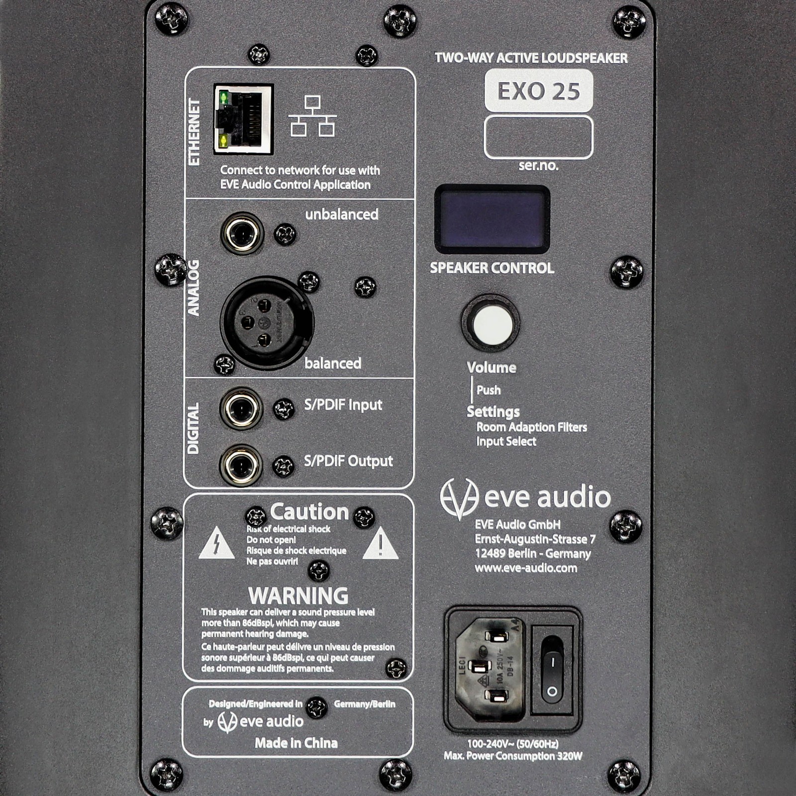 Rückseite des EVE Audio EXO 25 Aktivmonitors mit Bedienelementen