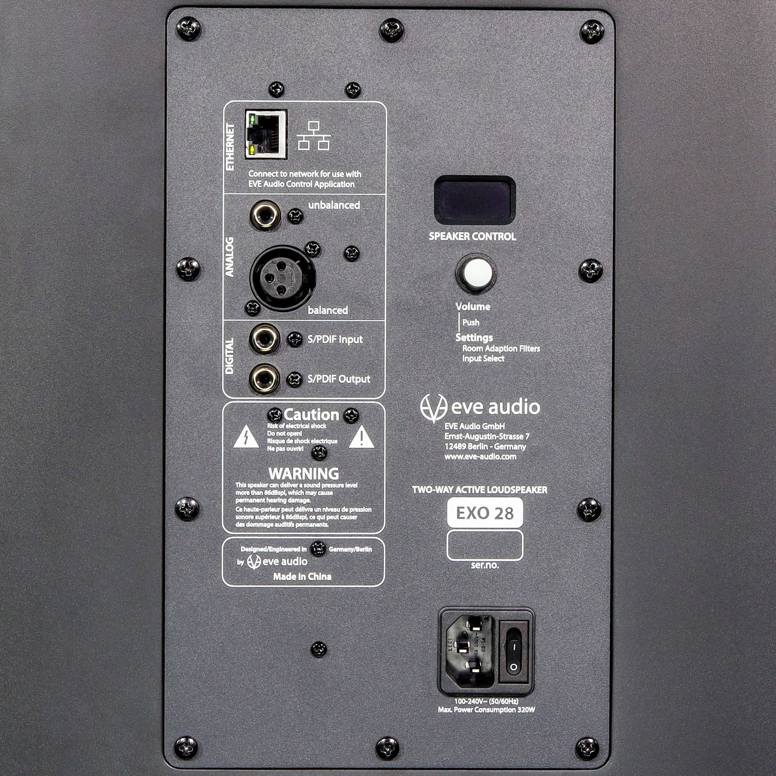 Rückseite des EVE Audio EXO 28 Aktivmonitors mit Bedienelementen