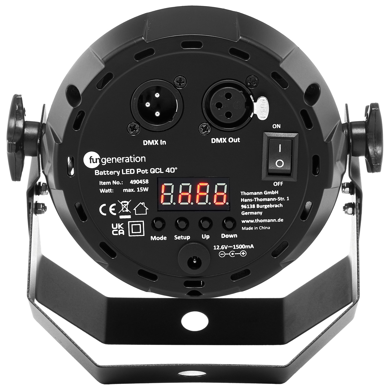 Parte posterior del Fun Generation Battery LED Pot QCL 40° con elementos de control