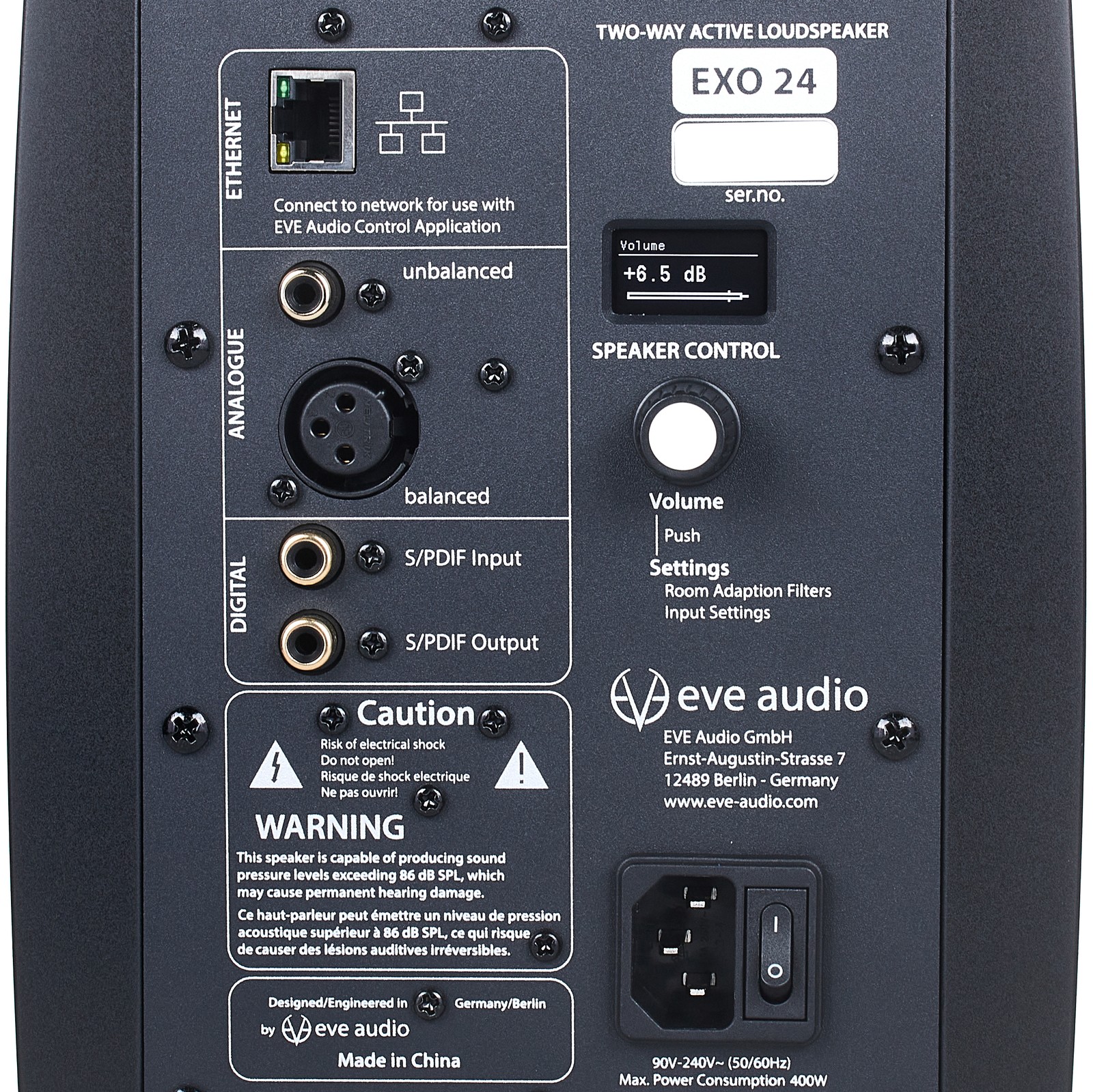 Rückseite des EVE Audio EXO 24 Aktivmonitors mit Bedienelementen