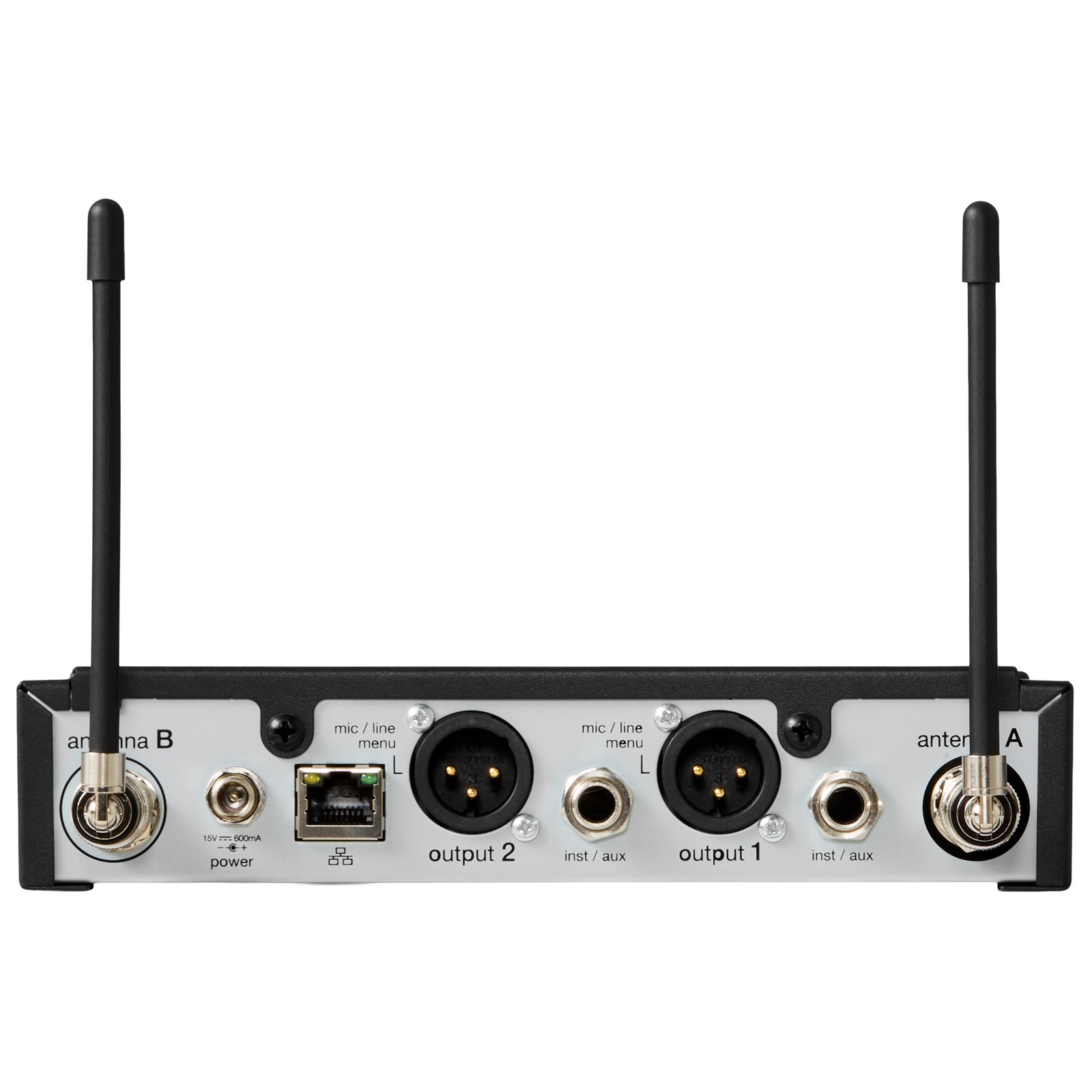 Rückseite des Shure SLXD4D+E G65 mit Anschlüssen