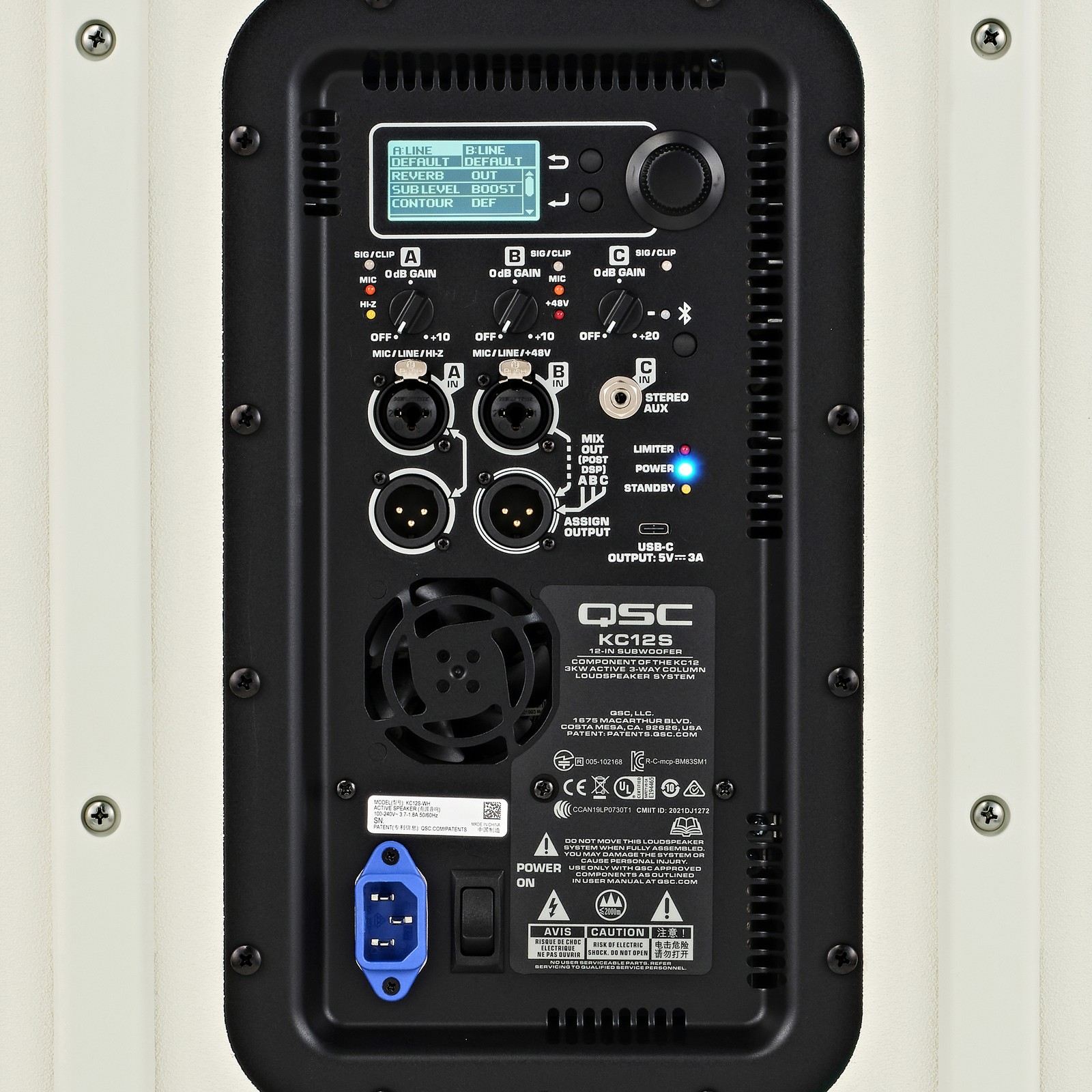 Bedienfeld des QSC KC 12 WH Aktives 3-Wege Säulenlautsprechersystem