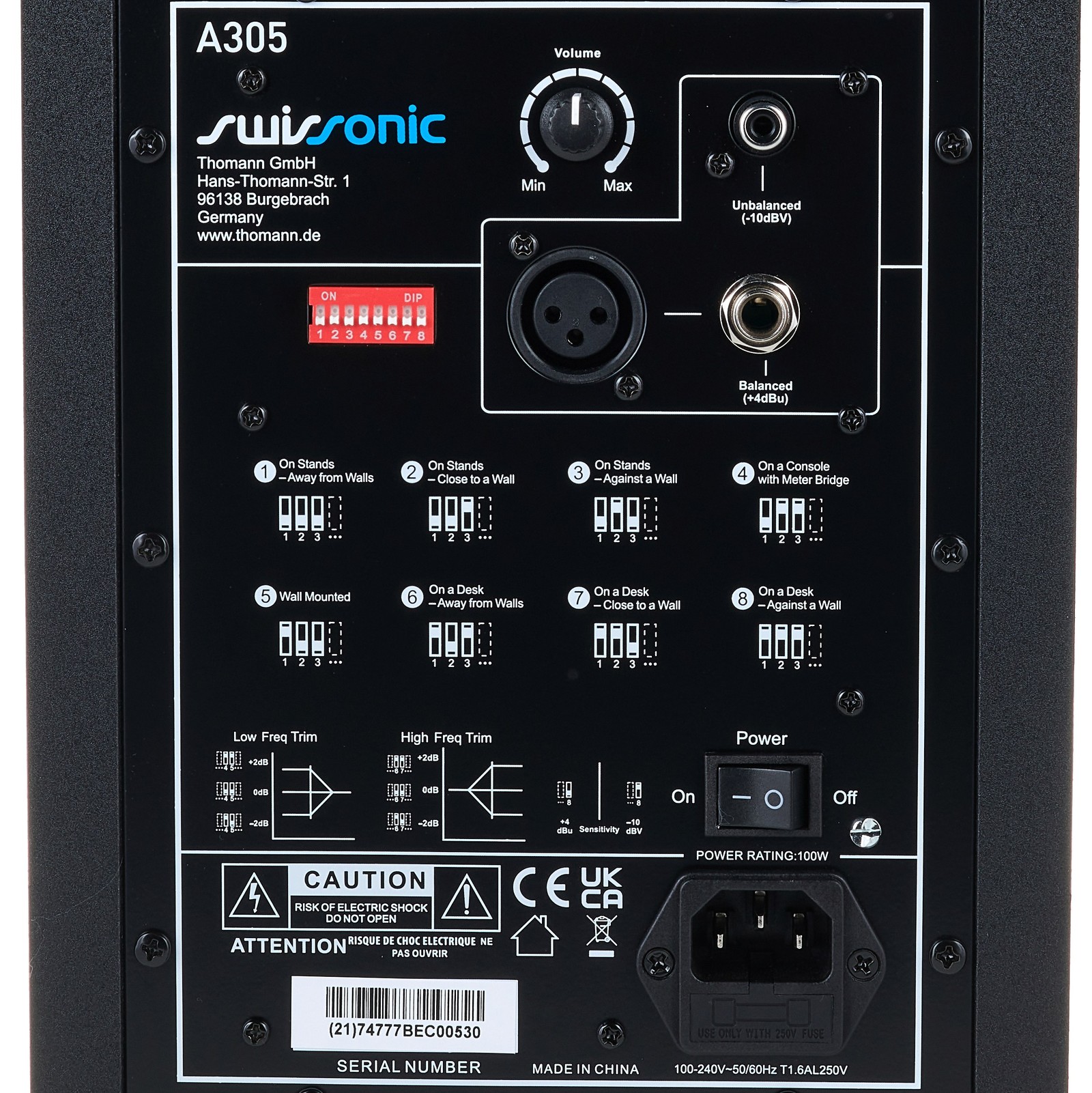 Anschlüsse und Regler auf der Rückseite des Swissonic A305