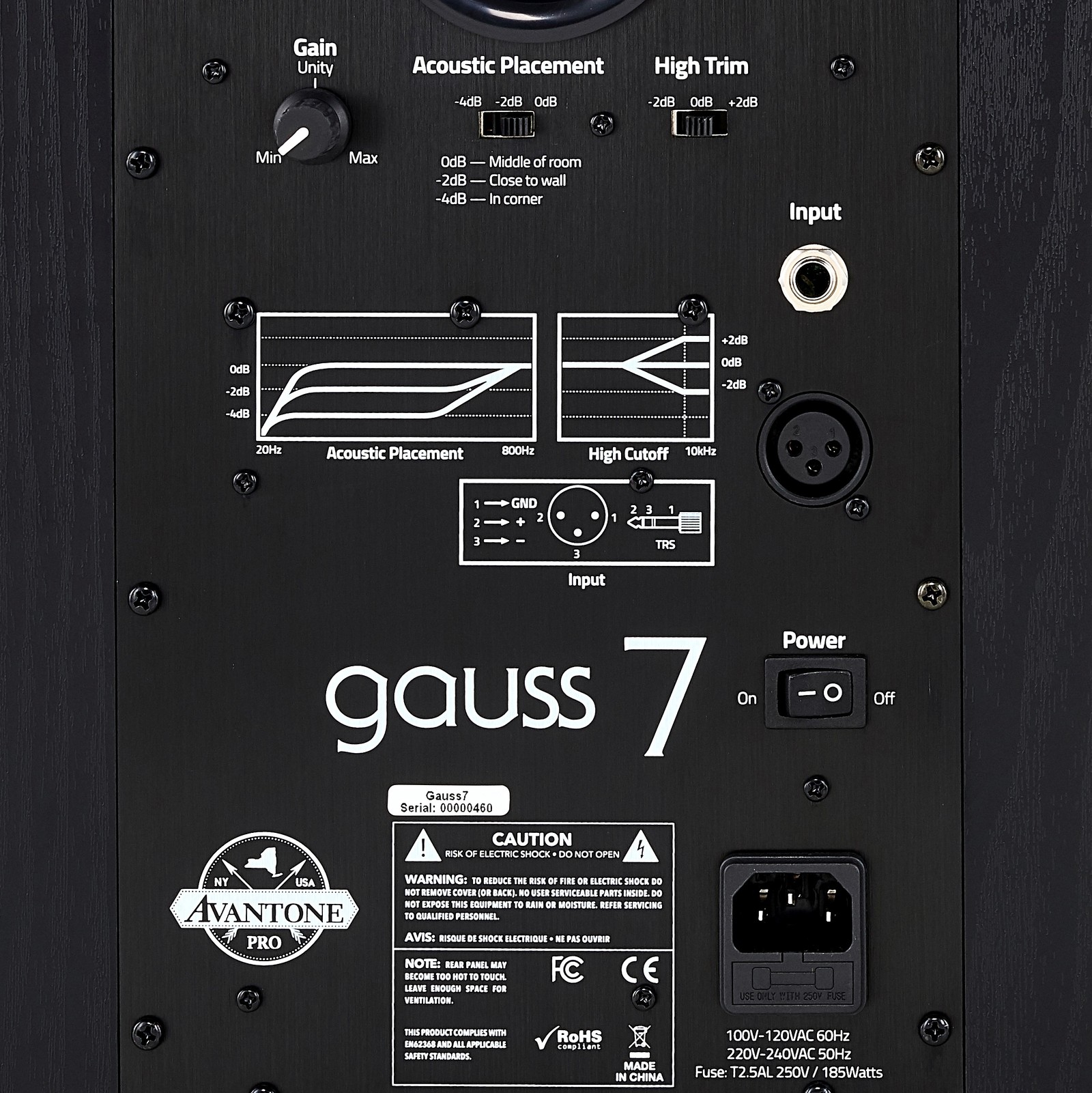 Avantone Pro Gauss 7 monitor speaker, rear view with controls