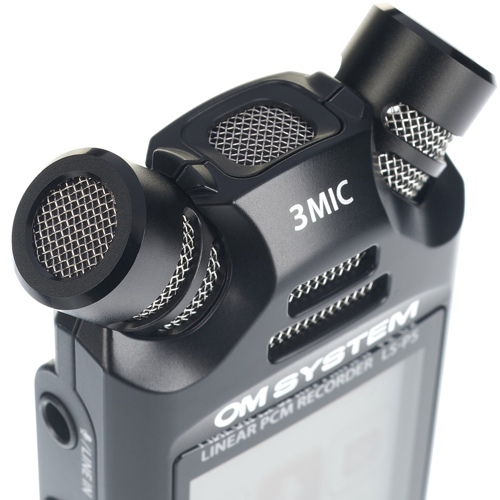 Drei Mikrofone am Olympus OM System LS-P5