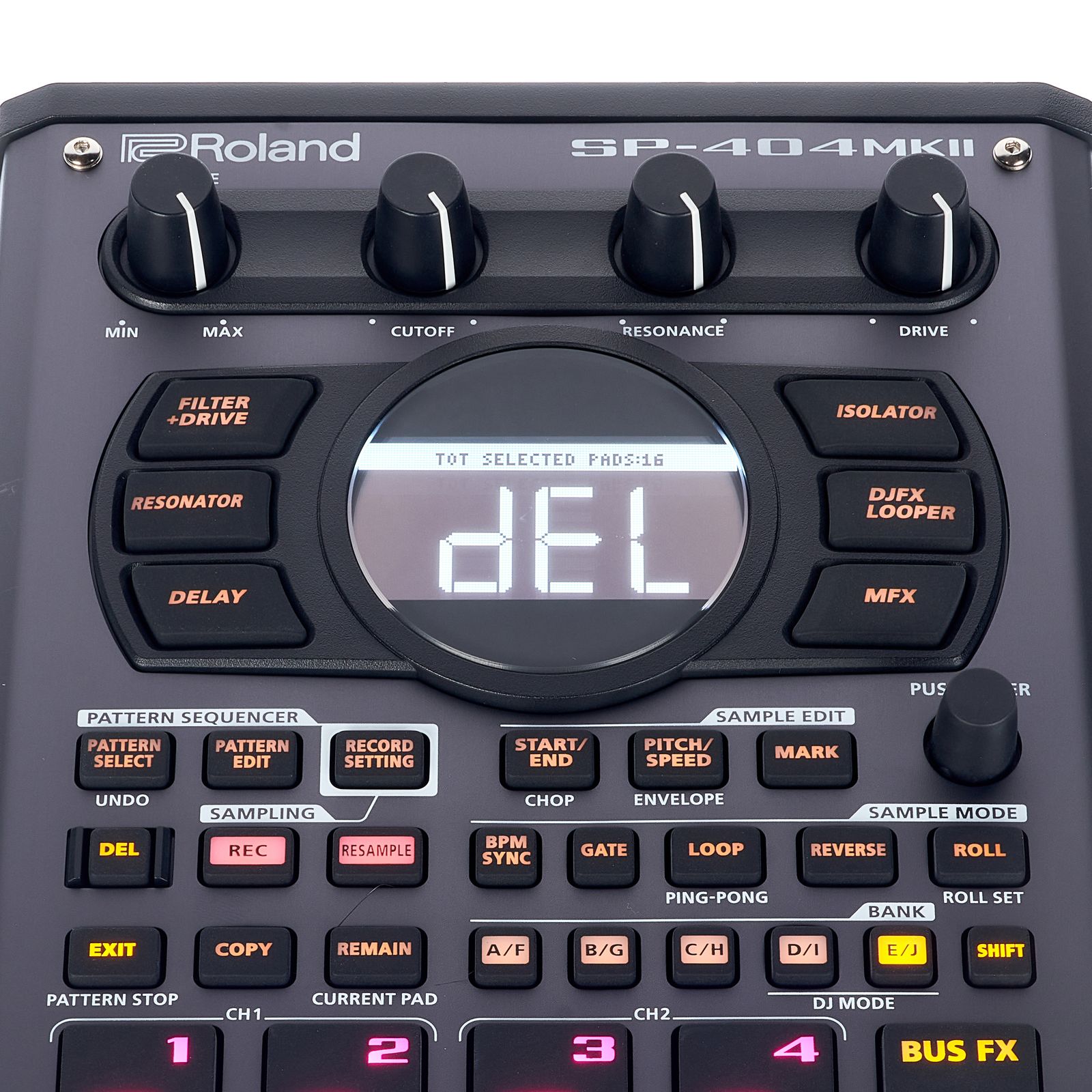 Bildschirm und Einstellungstasten am Roland SP-404MKII